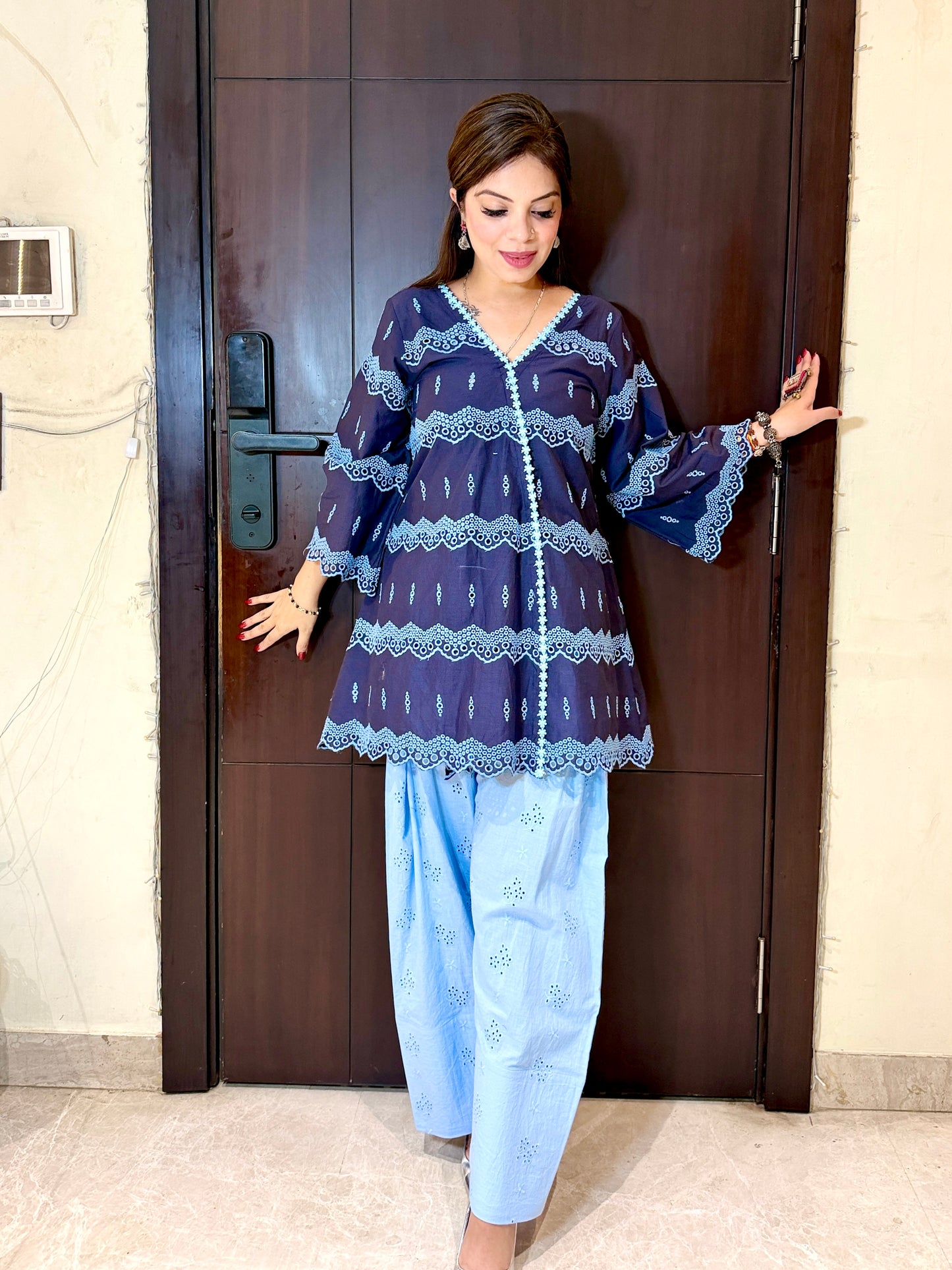 Denim Daze – Denim Blue Chikankari Indo-Western Kurta Set with Farshi Salwar