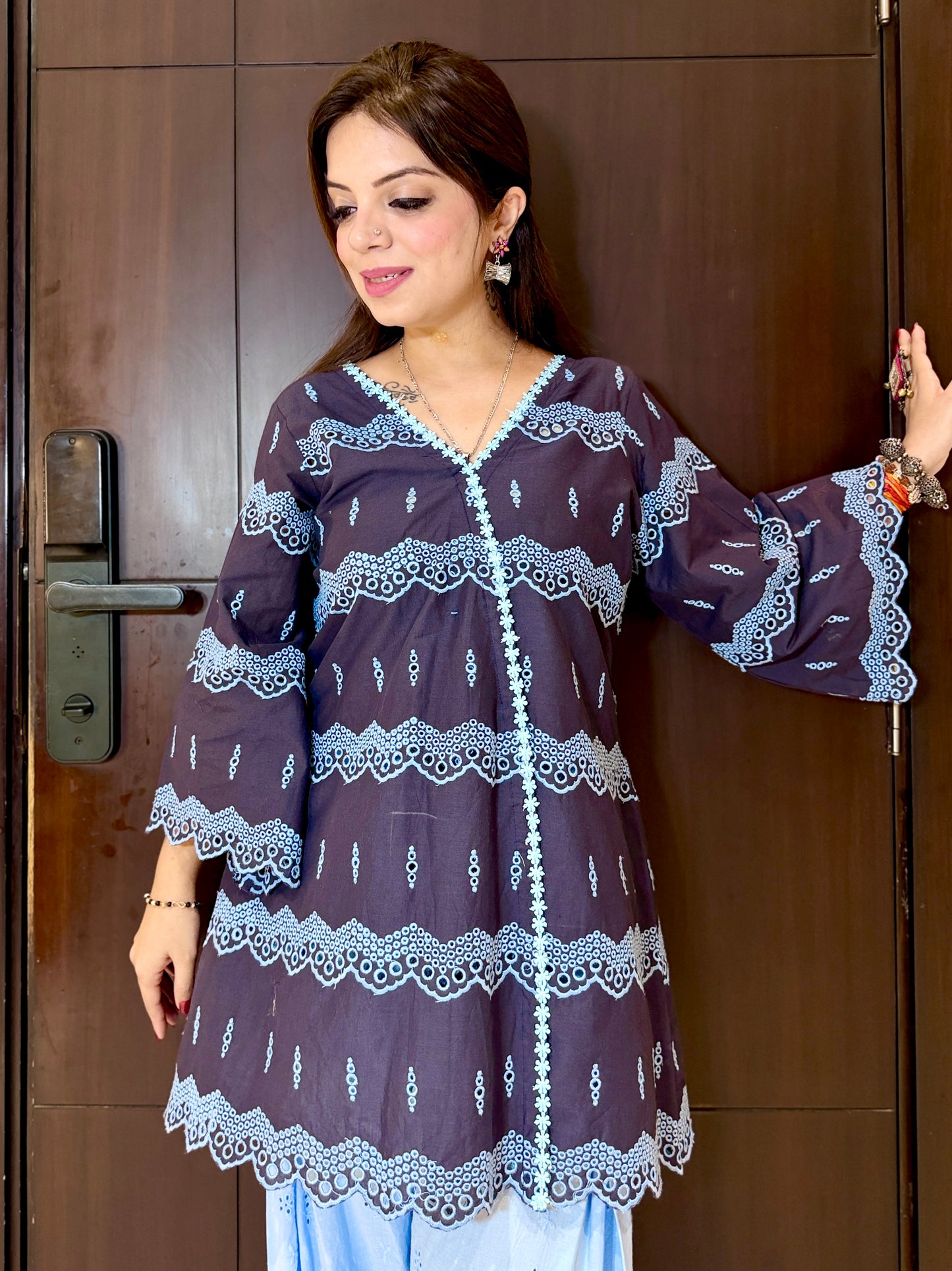 Denim Daze – Denim Blue Chikankari Indo-Western Kurta Set with Farshi Salwar