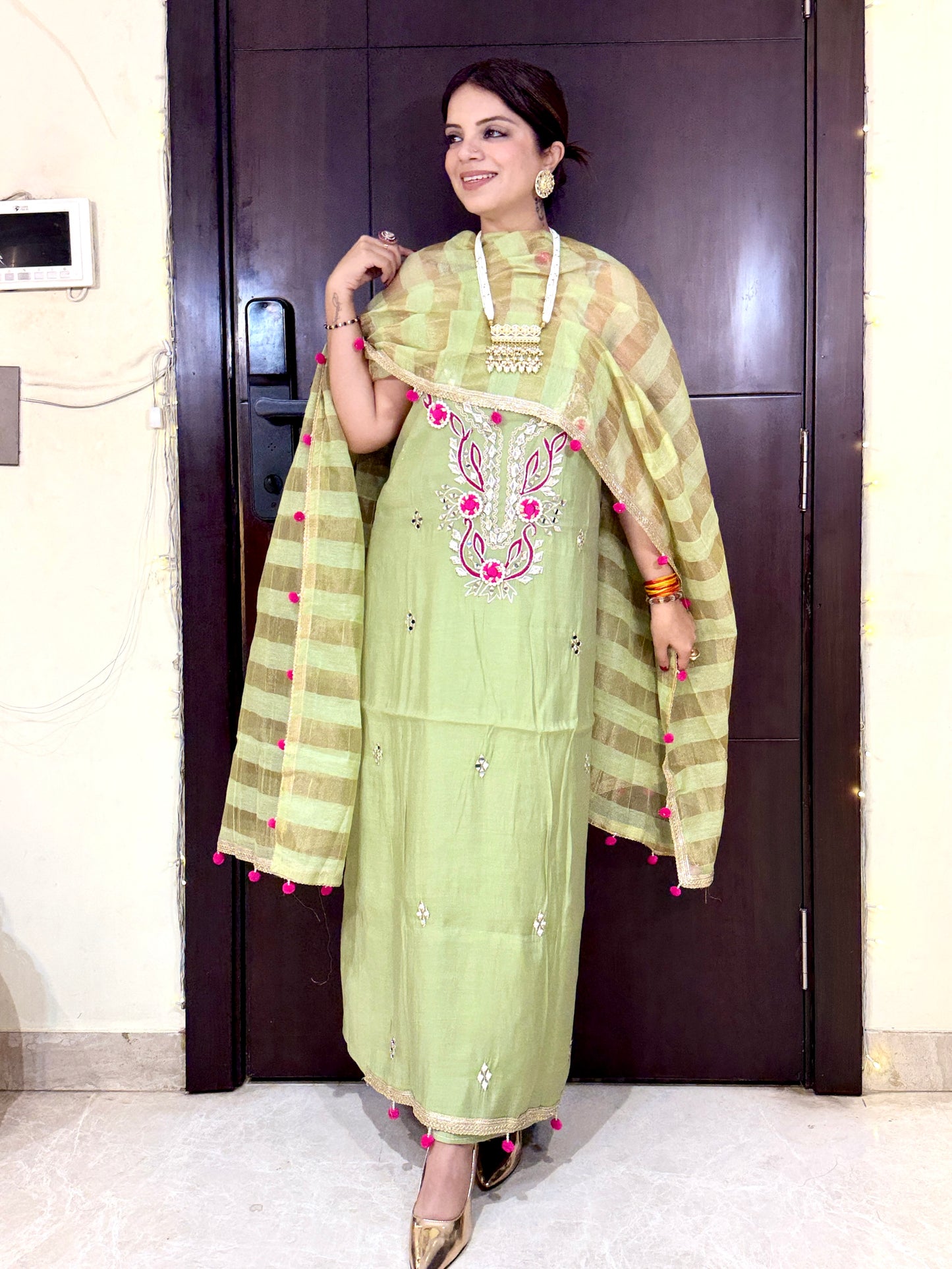 GULBAHAR –  Gota Patti & Pearl Work Unstitched Suit with Striped Dupatta