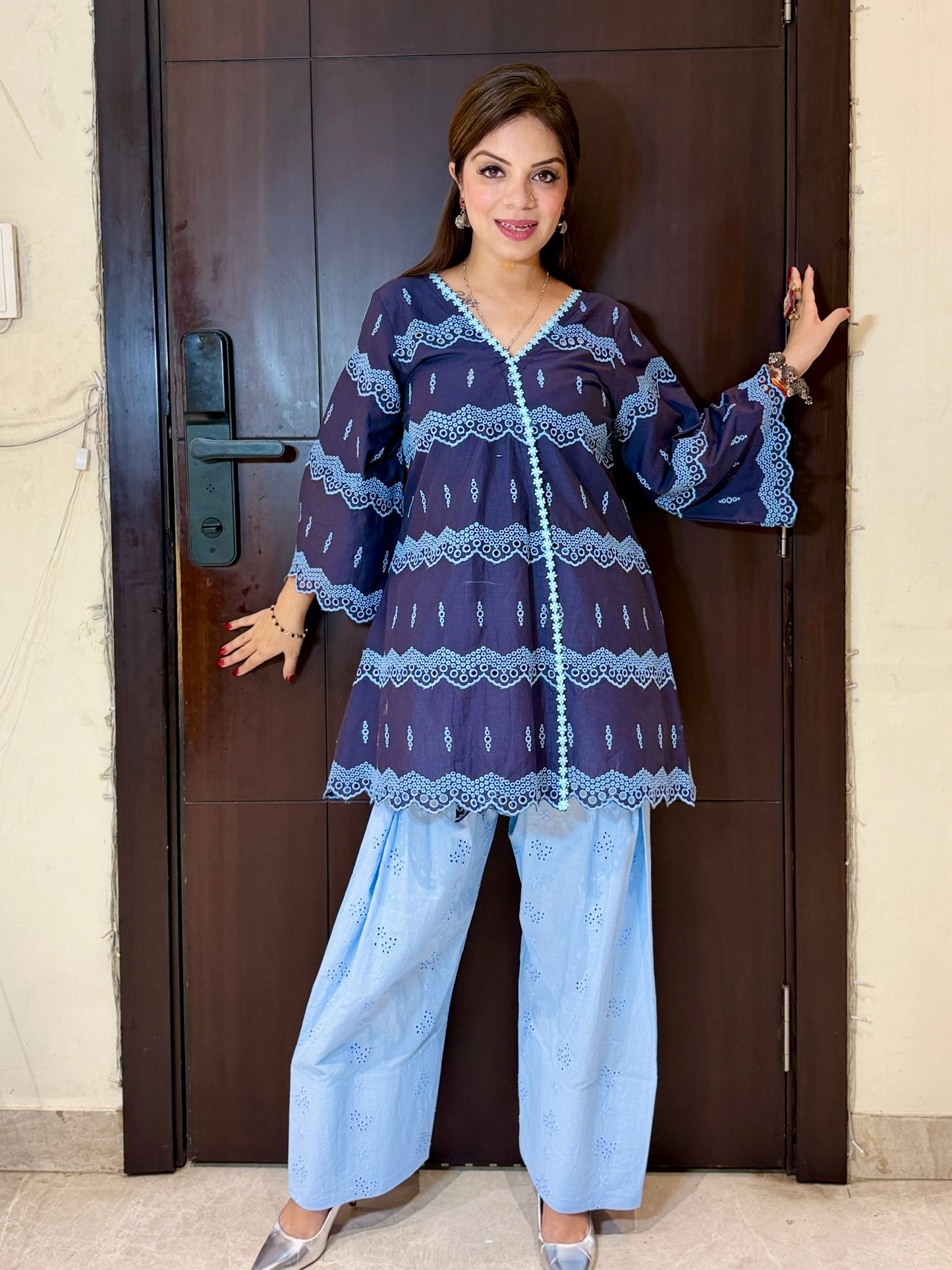 Denim Daze – Denim Blue Chikankari Indo-Western Kurta Set with Farshi Salwar
