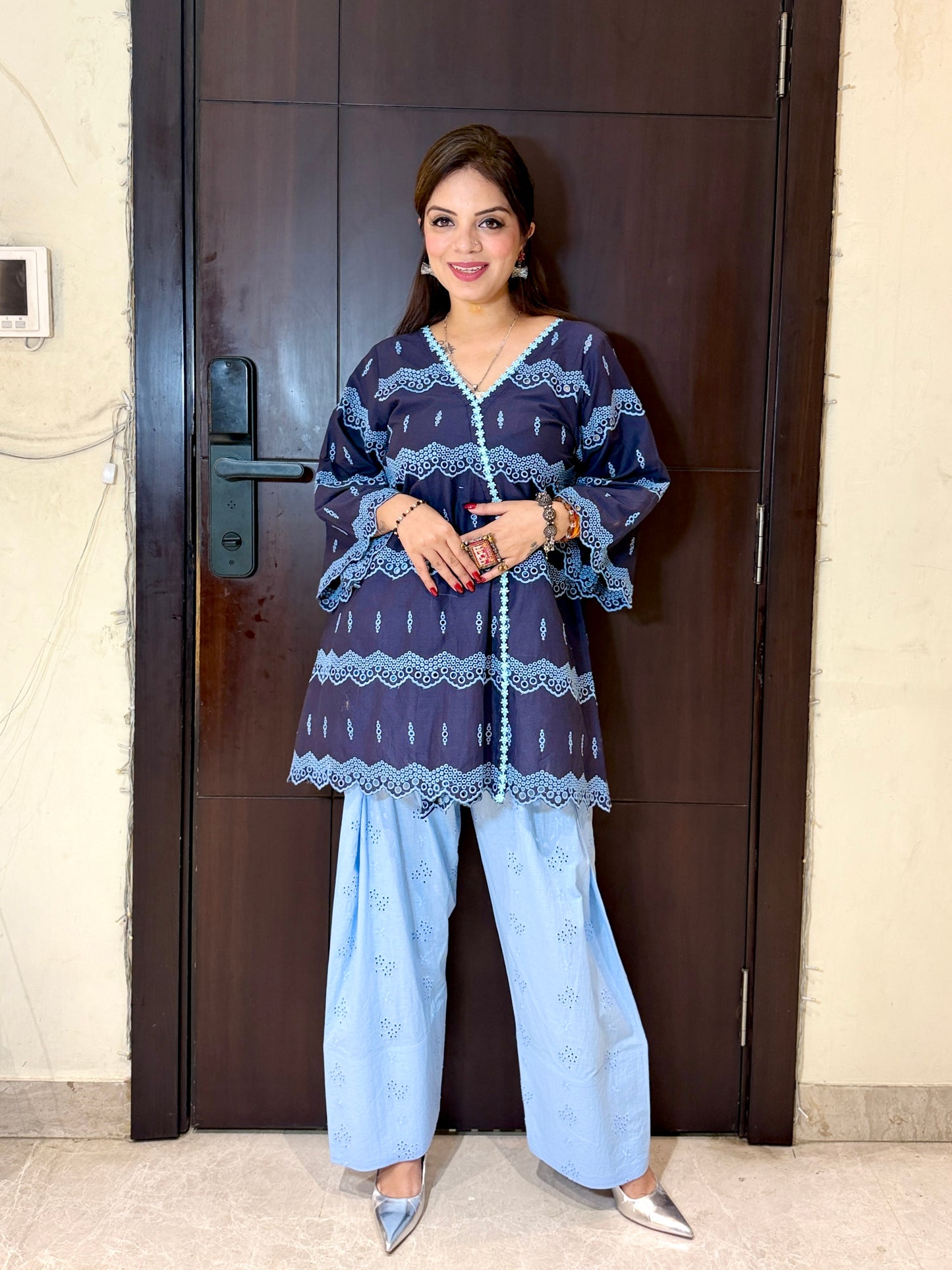 Denim Daze – Denim Blue Chikankari Indo-Western Kurta Set with Farshi Salwar