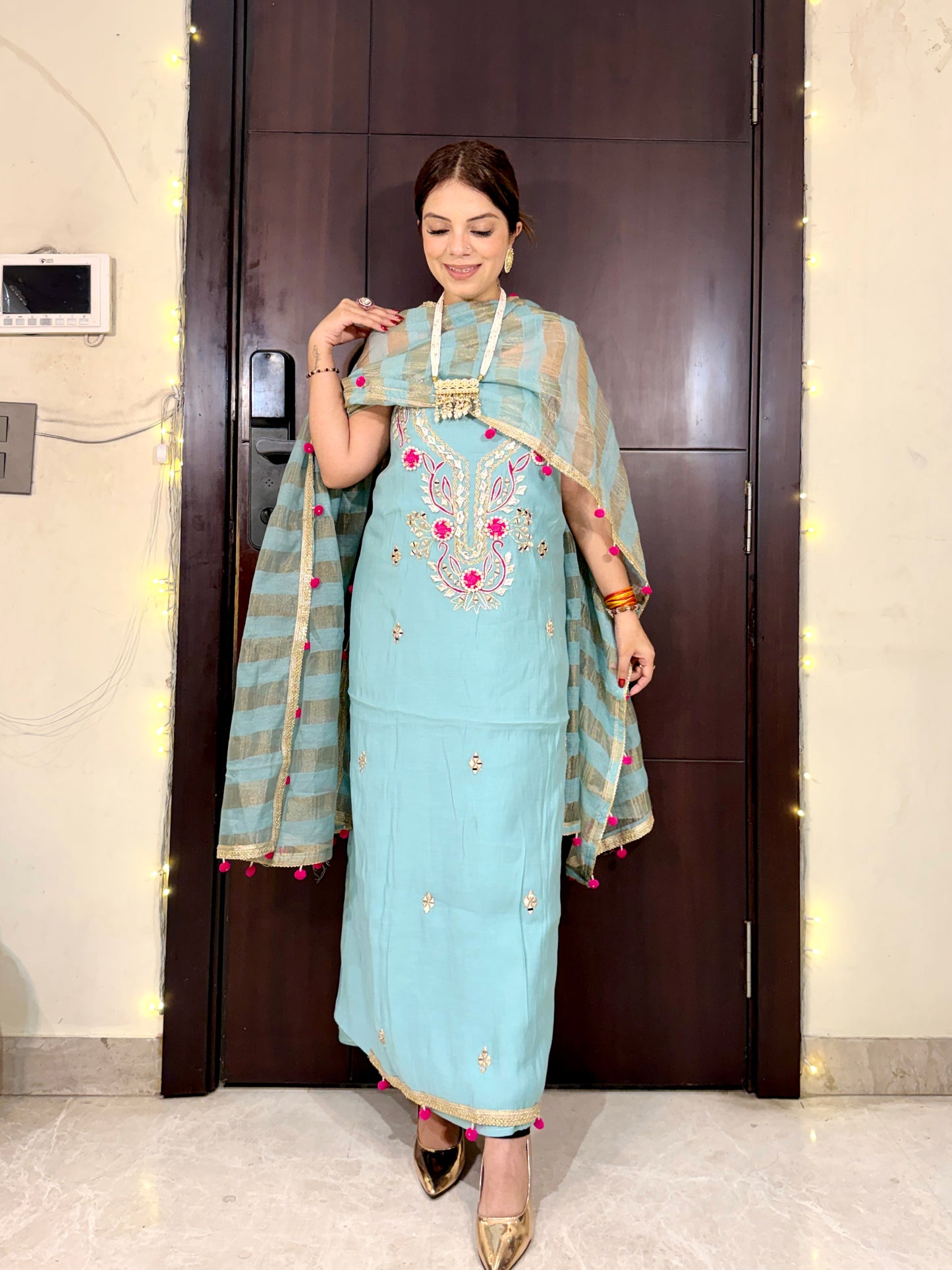 GULBAHAR –  Gota Patti & Pearl Work Unstitched Suit with Striped Dupatta