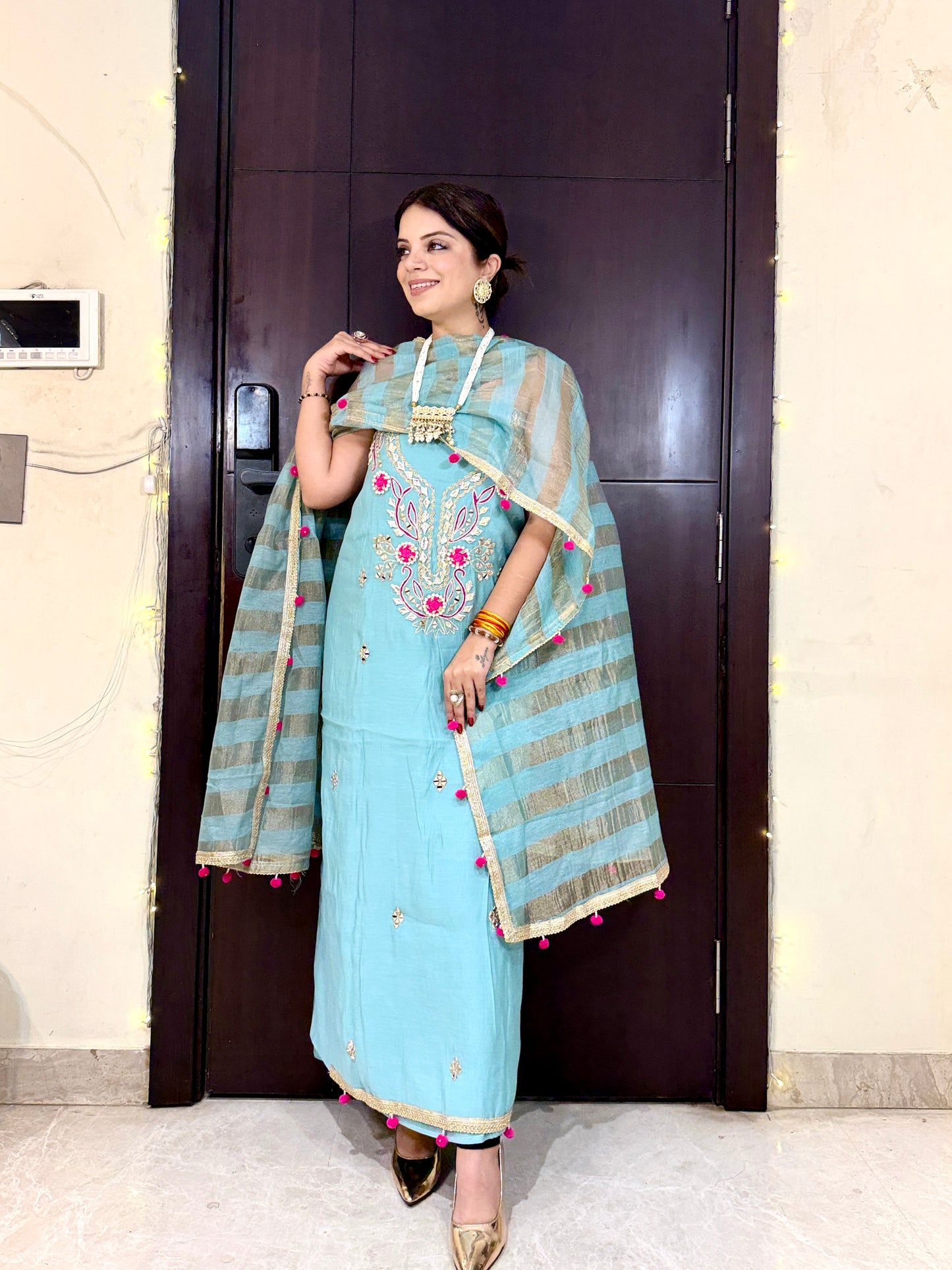 GULBAHAR –  Gota Patti & Pearl Work Unstitched Suit with Striped Dupatta