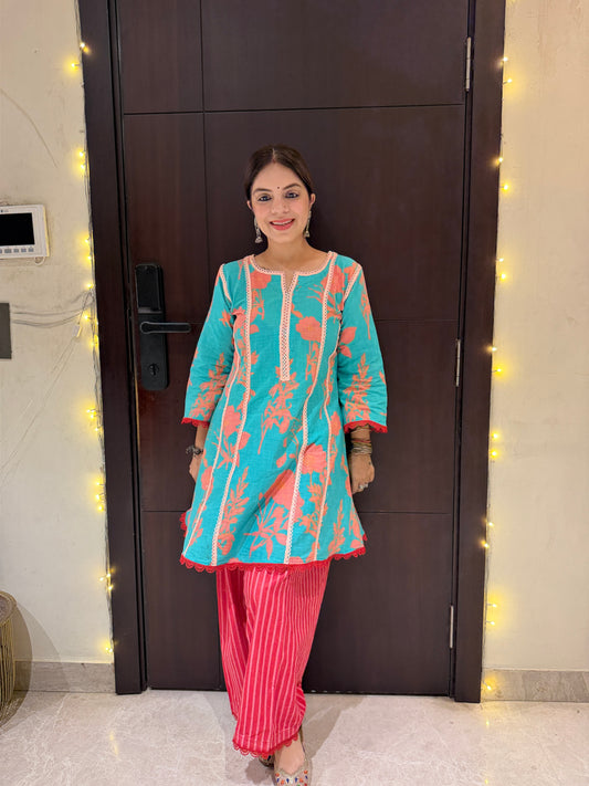 CORAL BLOOM - Floral Cotton Kurta Farsi Salwar Set for Women