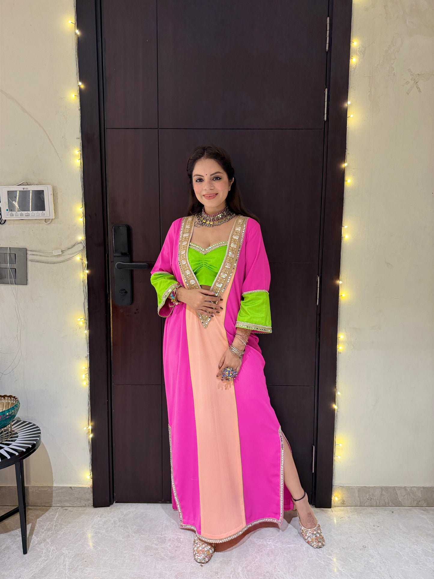 RANG RANI - Pink, Lime & Peach Embellished Indo-Western Choga
