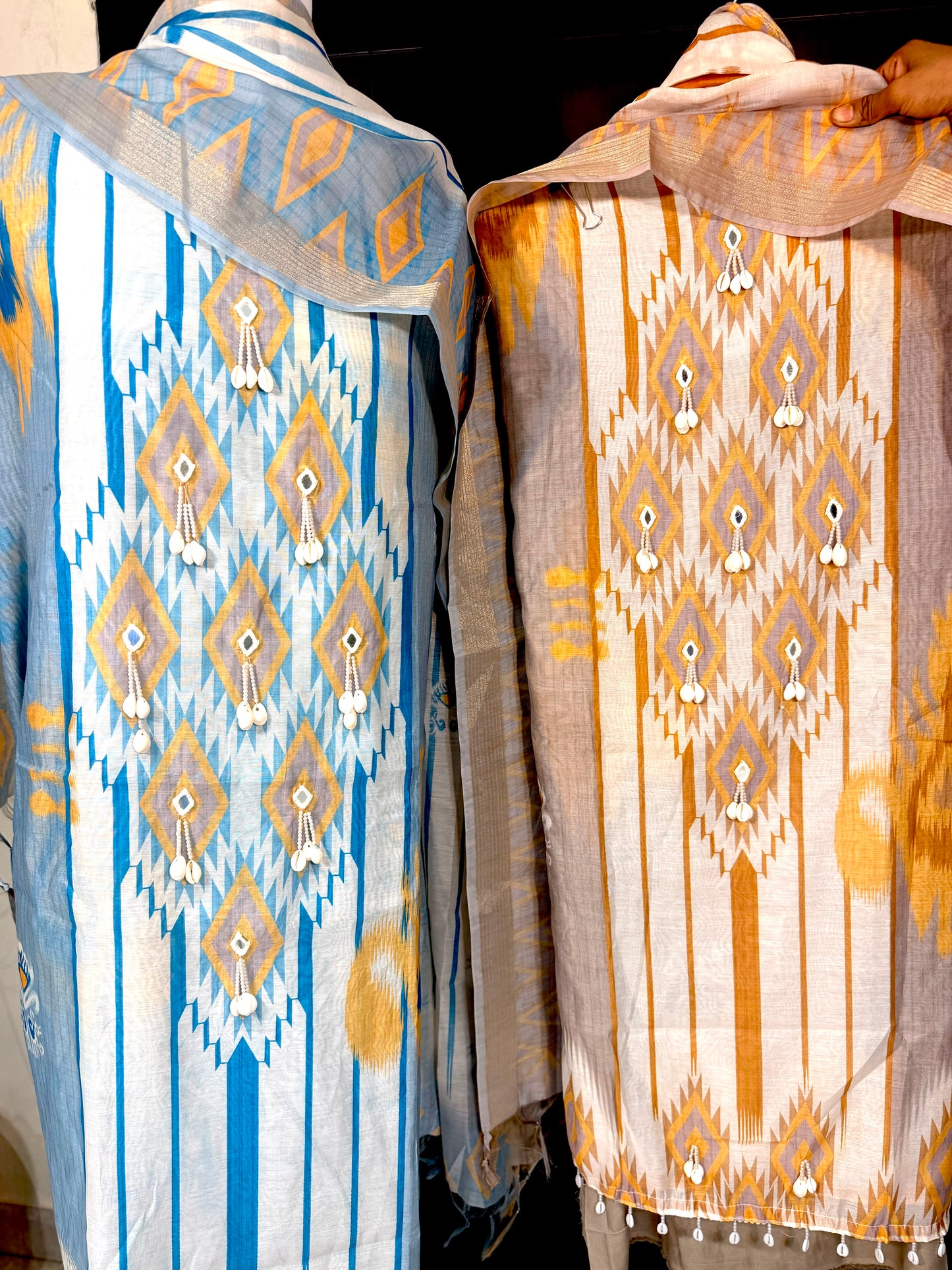 IKAT MUSE– Ikat Print Unstitched Suit Set with Shell & Mirror Detailing