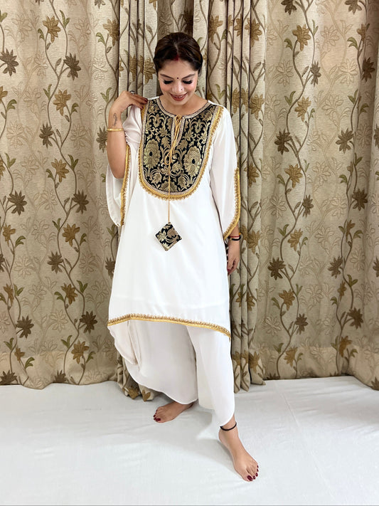 Mannat - White Georgette Designer Suit with Black & Gold Embroidered Yoke | Festive & Party Wear.
