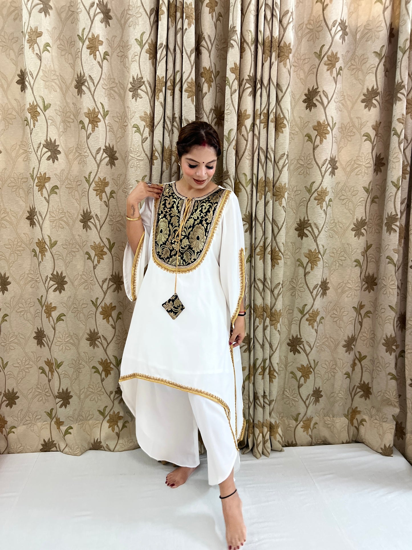 Mannat - White Georgette Designer Suit with Black & Gold Embroidered Yoke | Festive & Party Wear.
