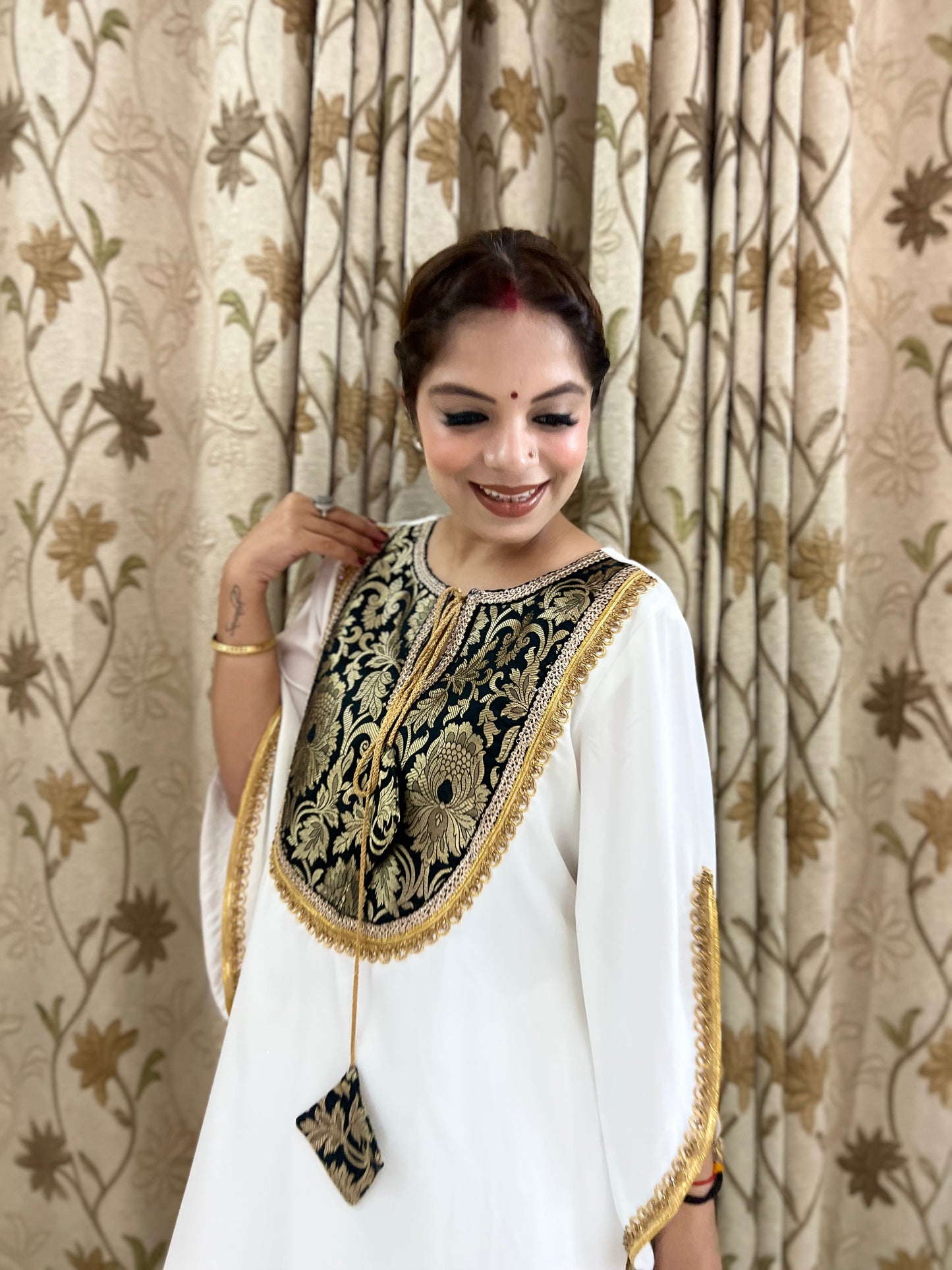 Mannat - White Georgette Designer Suit with Black & Gold Embroidered Yoke | Festive & Party Wear.