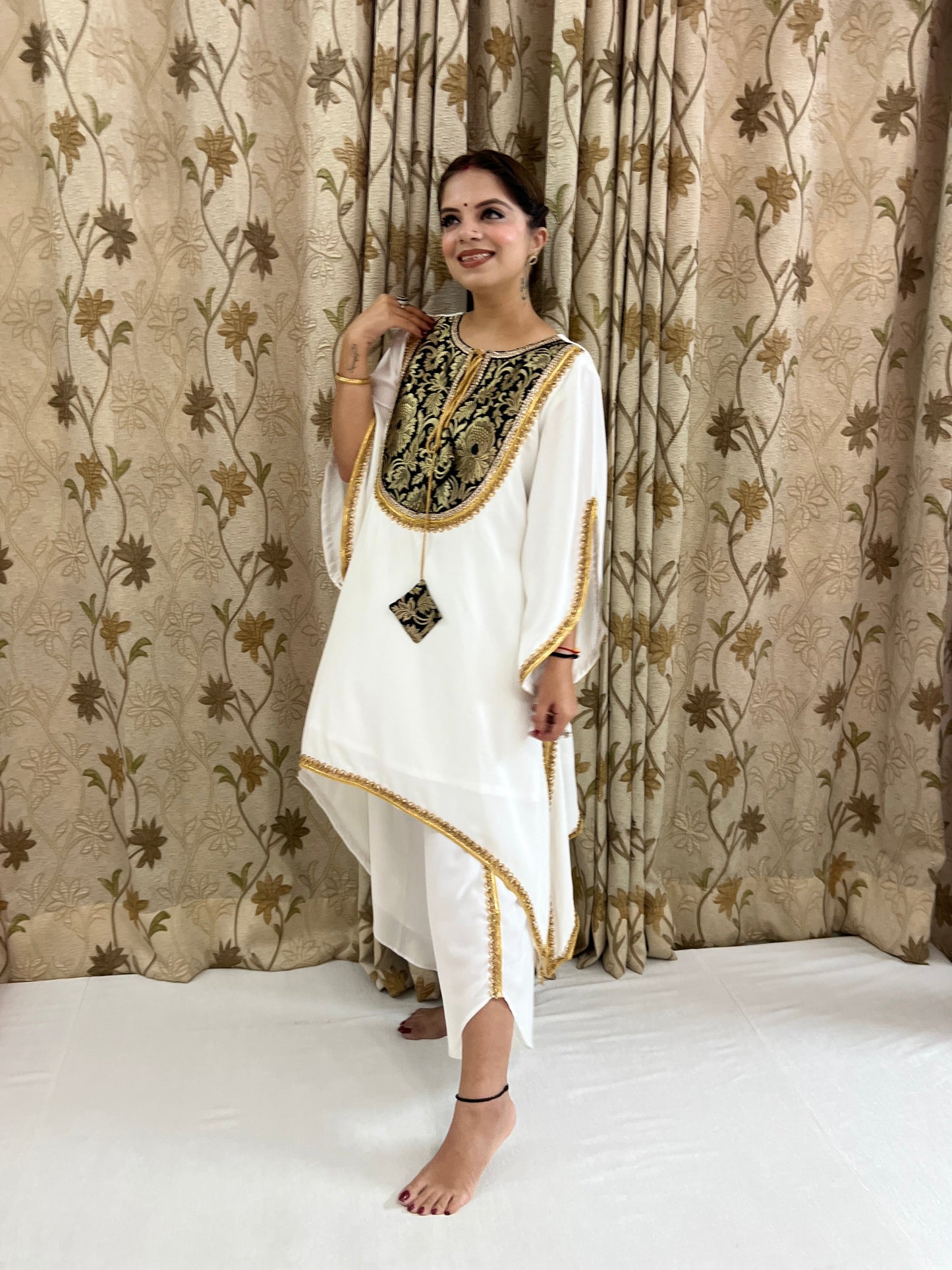 Mannat - White Georgette Designer Suit with Black & Gold Embroidered Yoke | Festive & Party Wear.