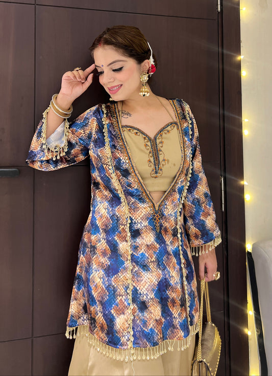 Aarzu - Golden Silk sharara set with Embellished Printed Jacket – Party & Wedding Wear.