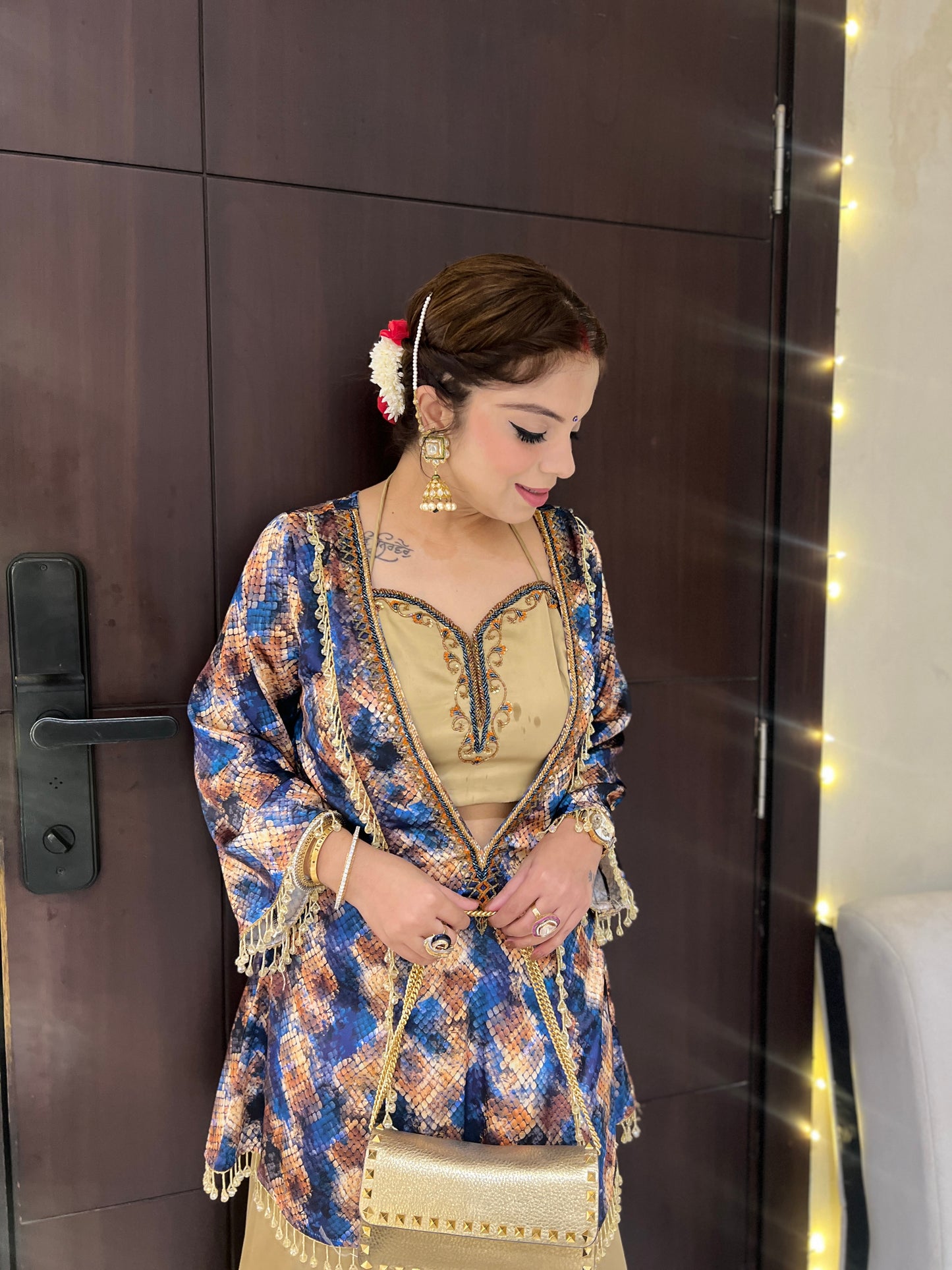 Aarzu - Golden Silk sharara set with Embellished Printed Jacket – Party & Wedding Wear.