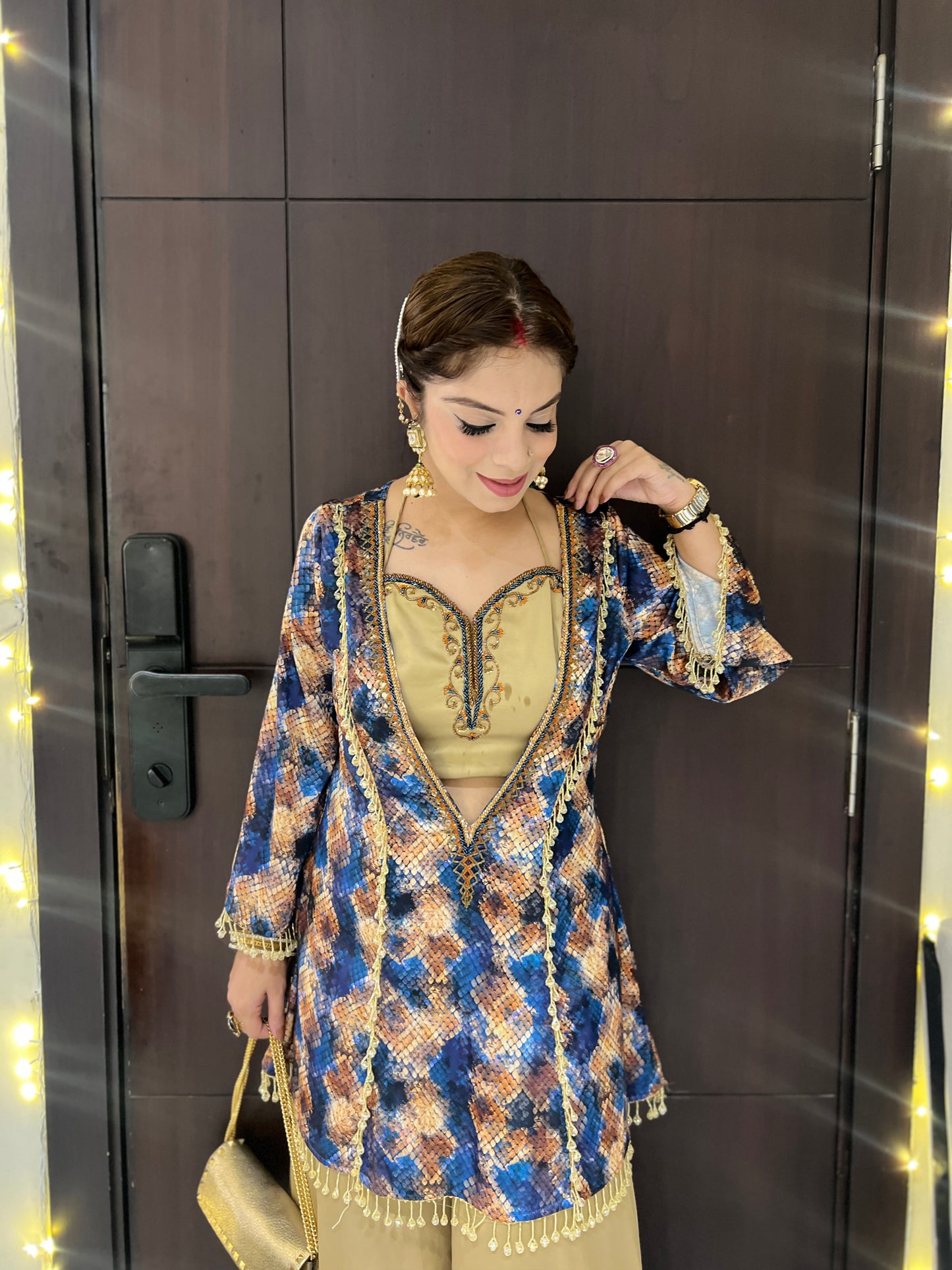 Aarzu - Golden Silk sharara set with Embellished Printed Jacket – Party & Wedding Wear.