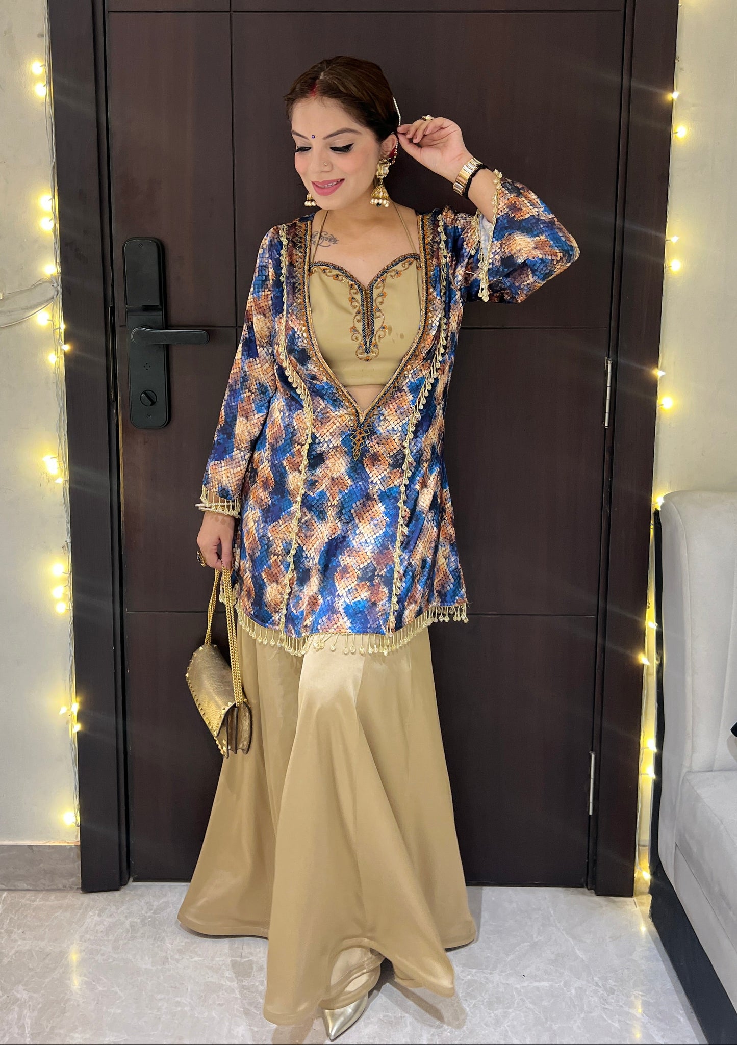 Aarzu - Golden Silk sharara set with Embellished Printed Jacket – Party & Wedding Wear.