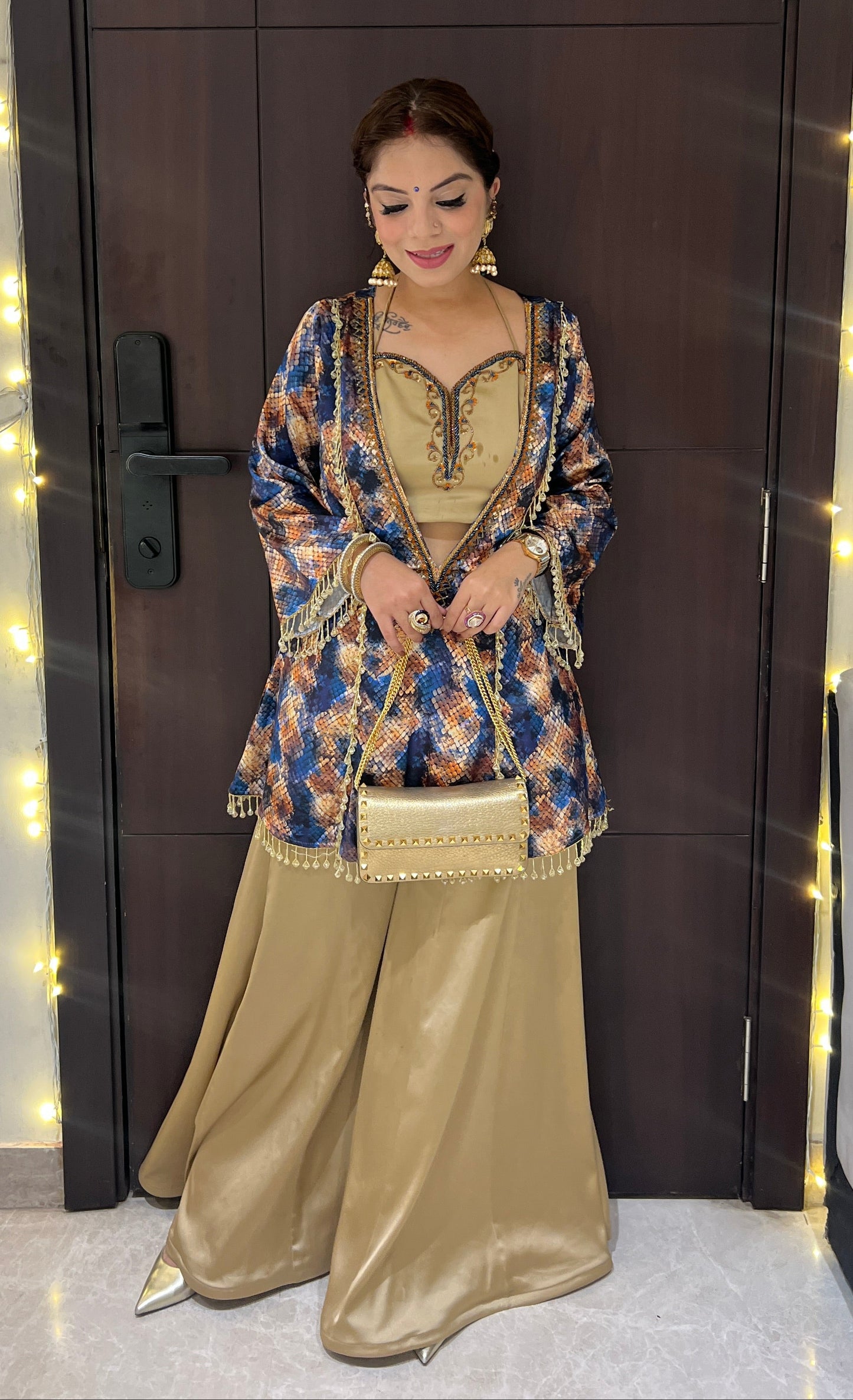 Aarzu - Golden Silk sharara set with Embellished Printed Jacket – Party & Wedding Wear.