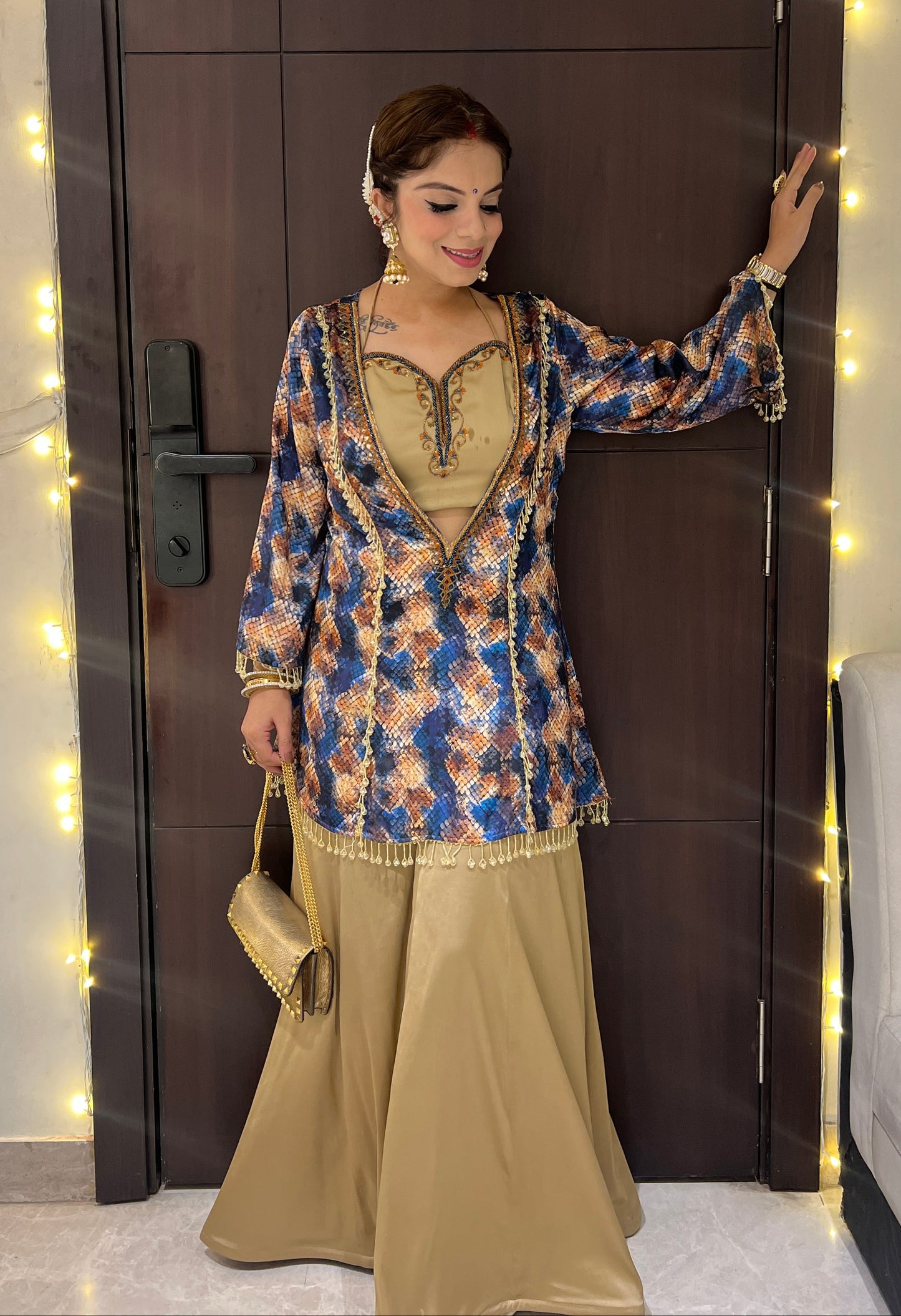 Aarzu - Golden Silk sharara set with Embellished Printed Jacket – Party & Wedding Wear.