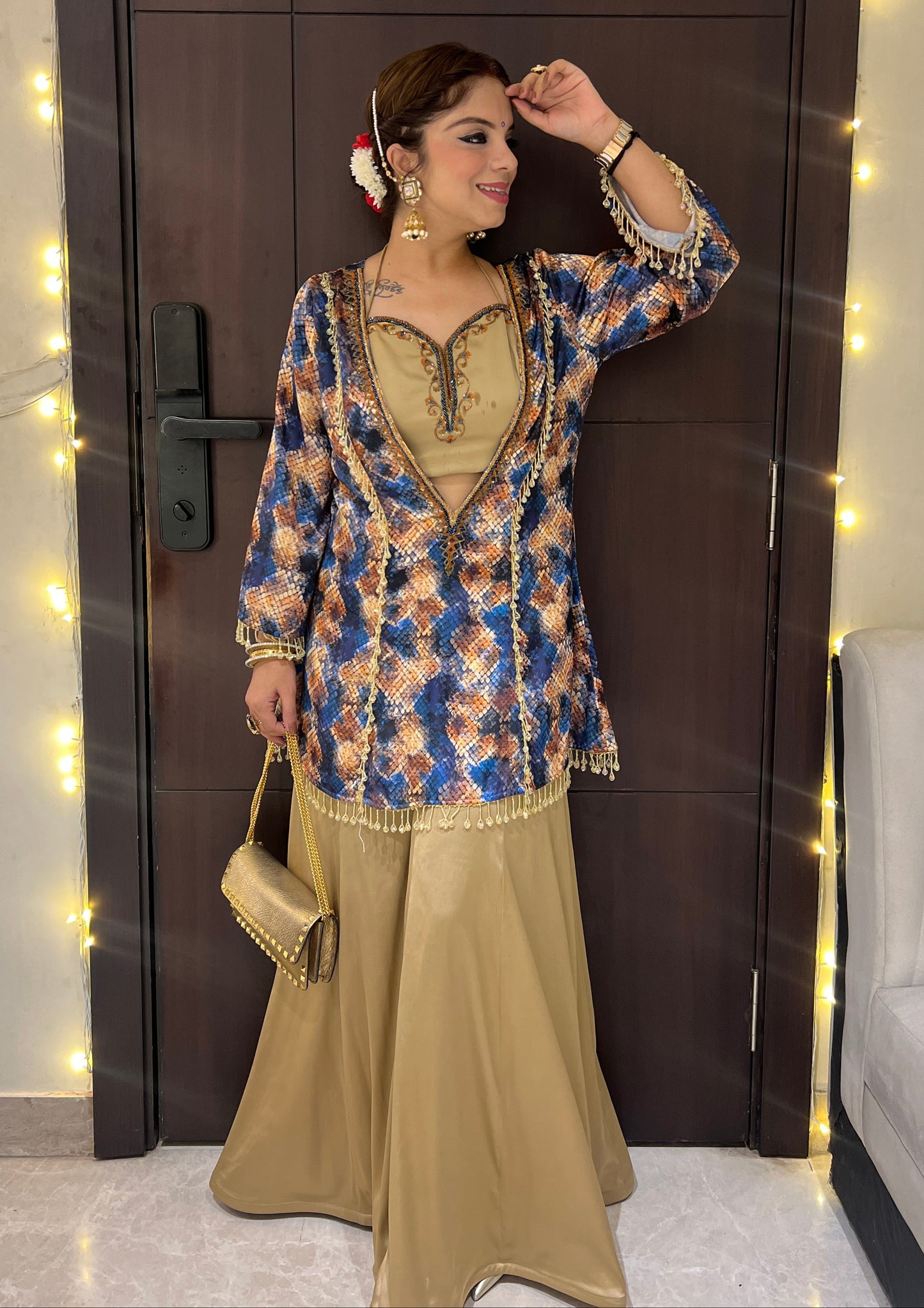 Aarzu - Golden Silk sharara set with Embellished Printed Jacket – Party & Wedding Wear.