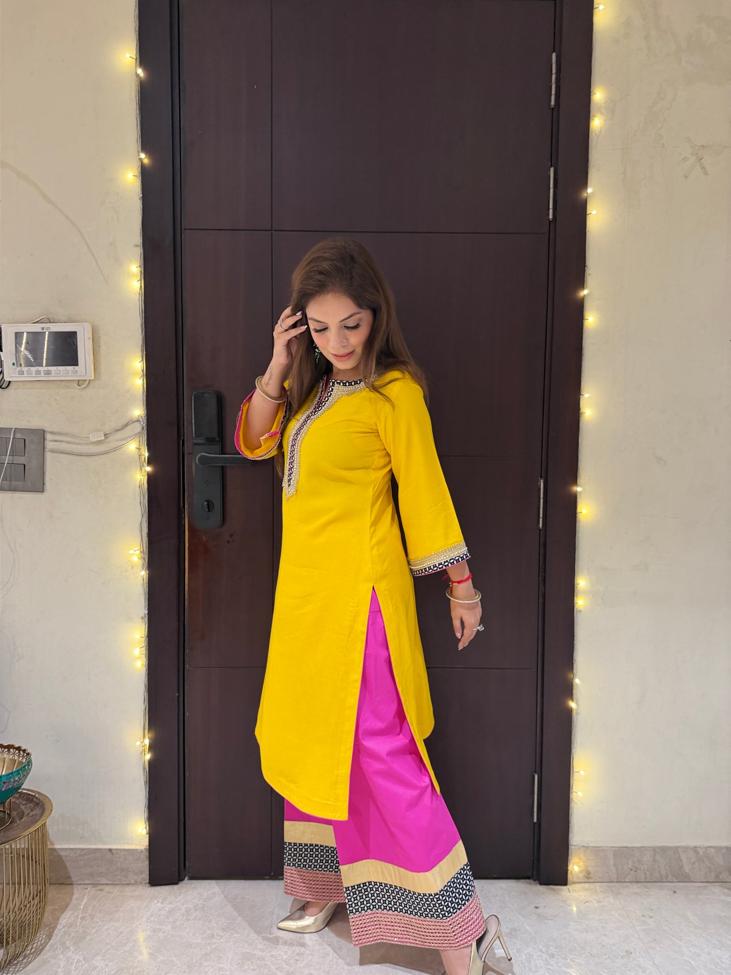 Sunbeam Pop Coord Set - Sunshine Yellow Kurta Set with Contrast Pink Pants & abstract Detailing