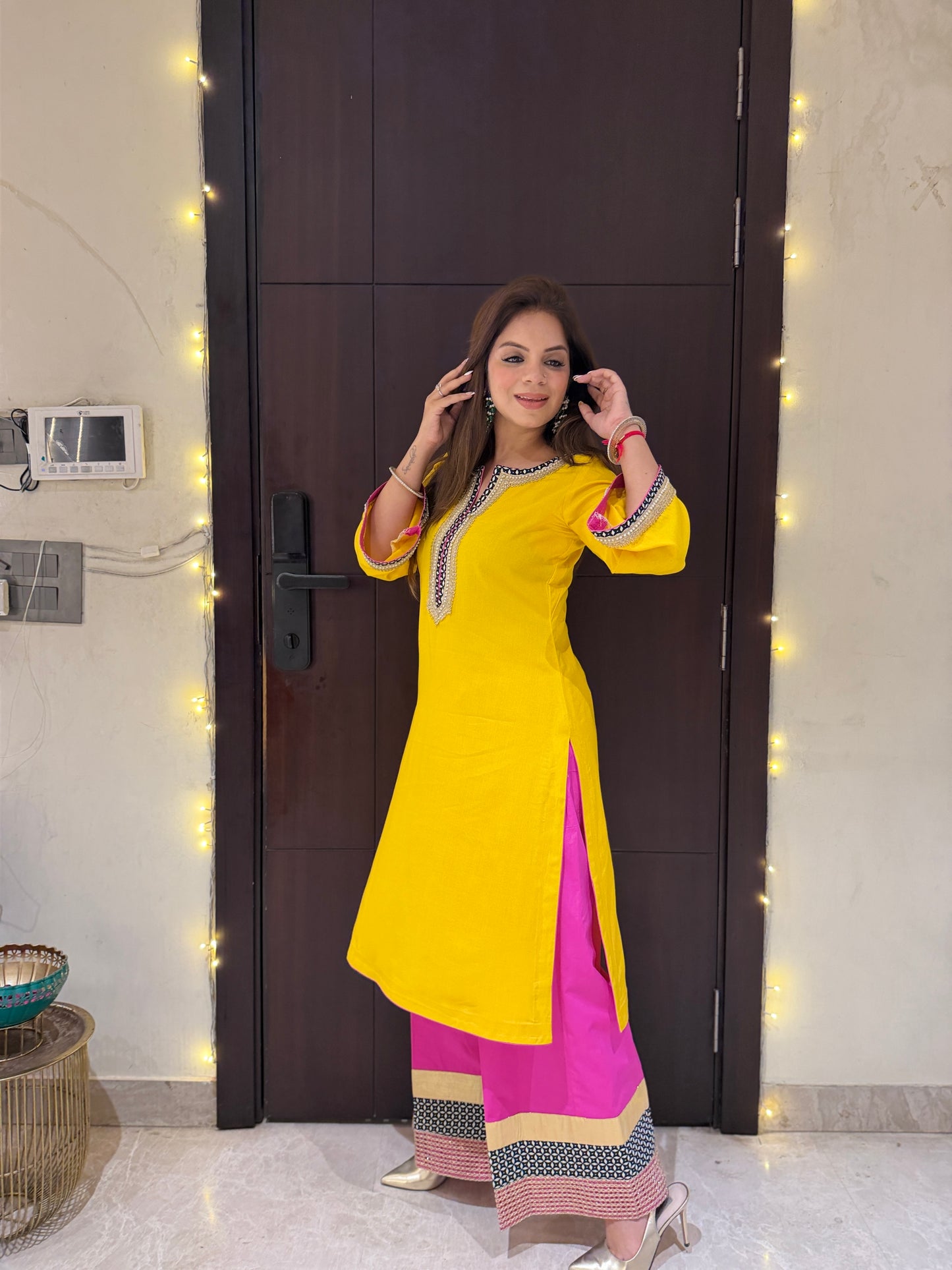 Sunbeam Pop Coord Set - Sunshine Yellow Kurta Set with Contrast Pink Pants & abstract Detailing