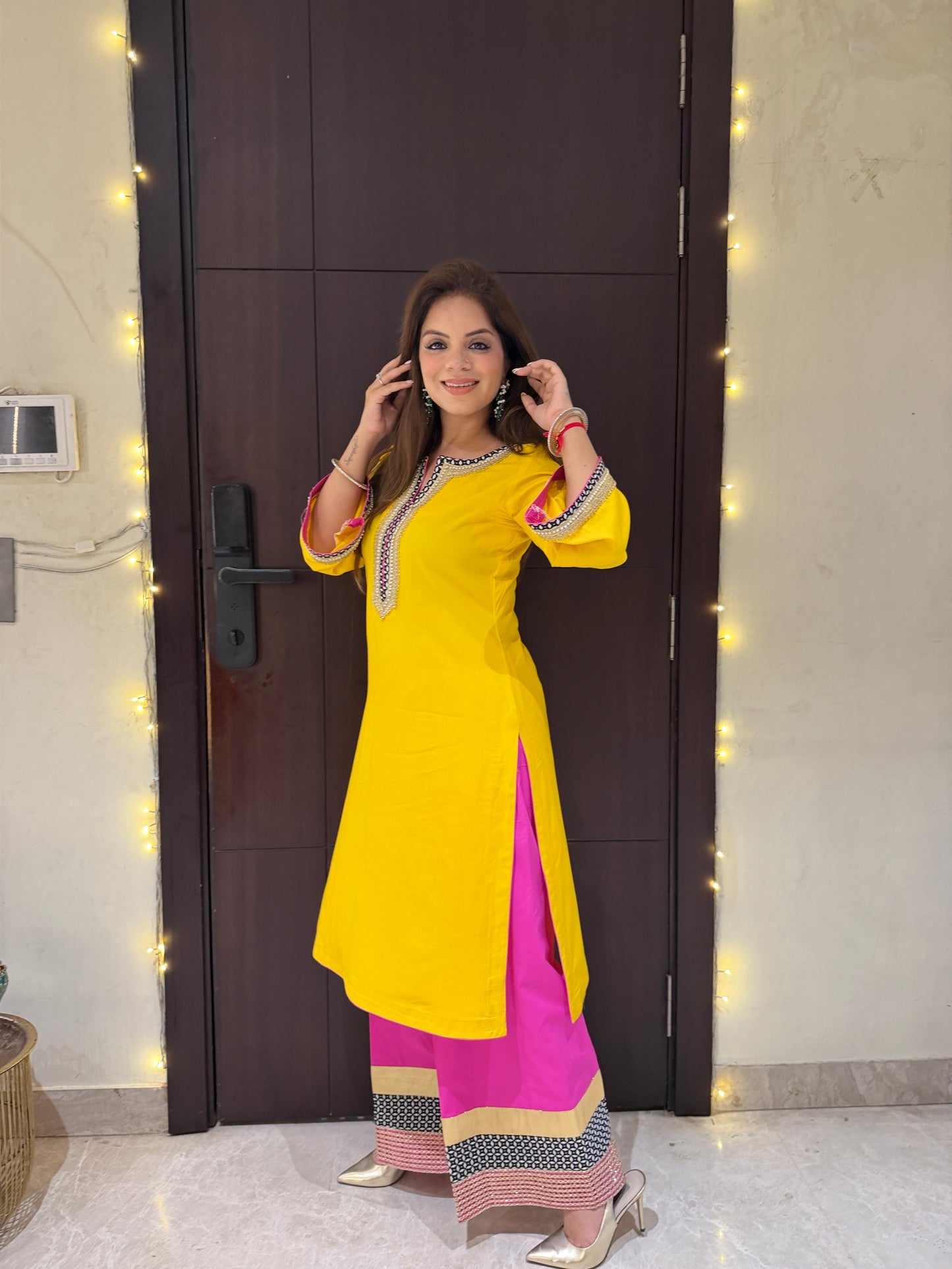 Sunbeam Pop Coord Set - Sunshine Yellow Kurta Set with Contrast Pink Pants & abstract Detailing