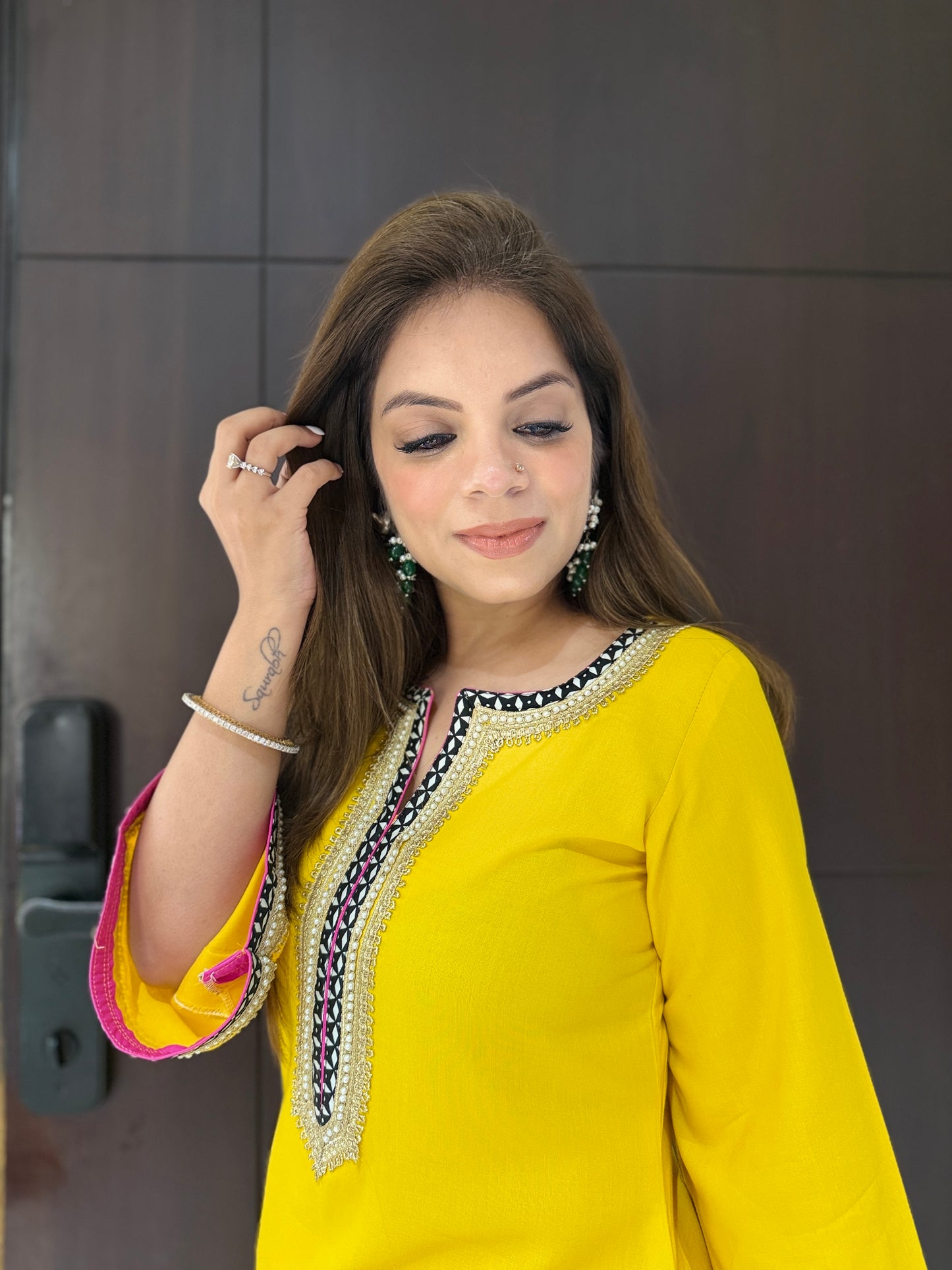 Sunbeam Pop Coord Set - Sunshine Yellow Kurta Set with Contrast Pink Pants & abstract Detailing