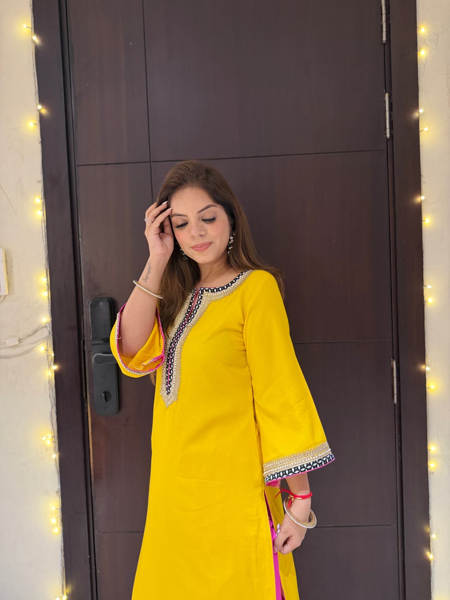 Sunbeam Pop Coord Set - Sunshine Yellow Kurta Set with Contrast Pink Pants & abstract Detailing