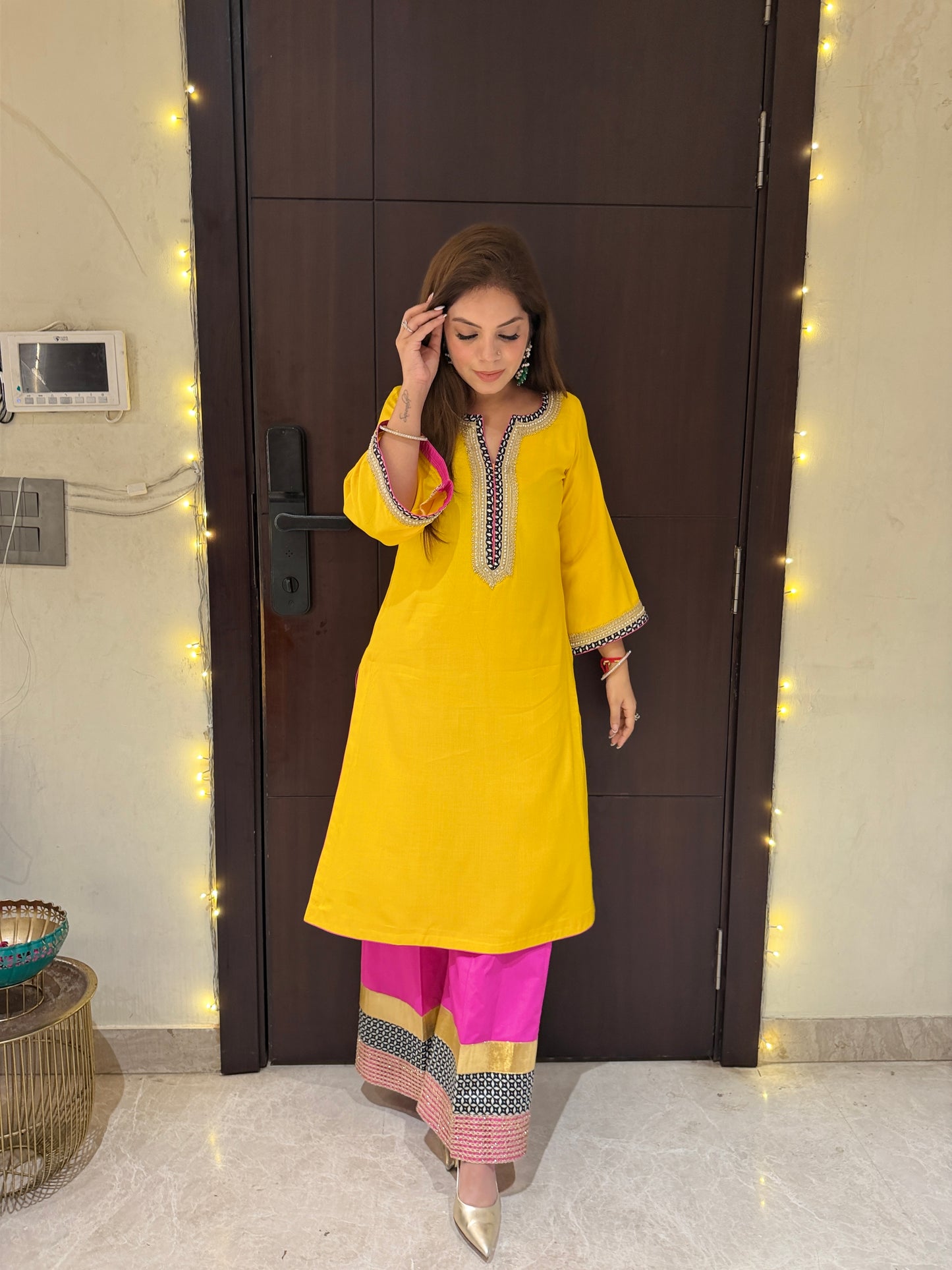 Sunbeam Pop Coord Set - Sunshine Yellow Kurta Set with Contrast Pink Pants & abstract Detailing