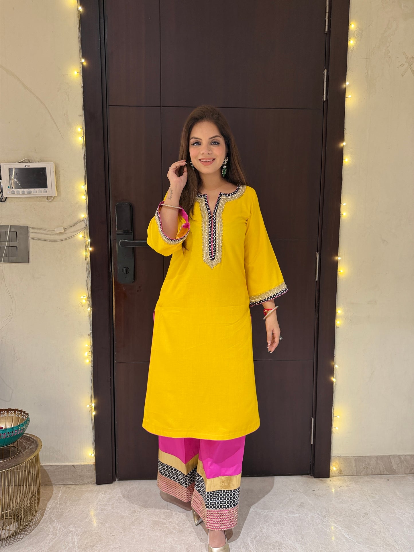 Sunbeam Pop Coord Set - Sunshine Yellow Kurta Set with Contrast Pink Pants & abstract Detailing