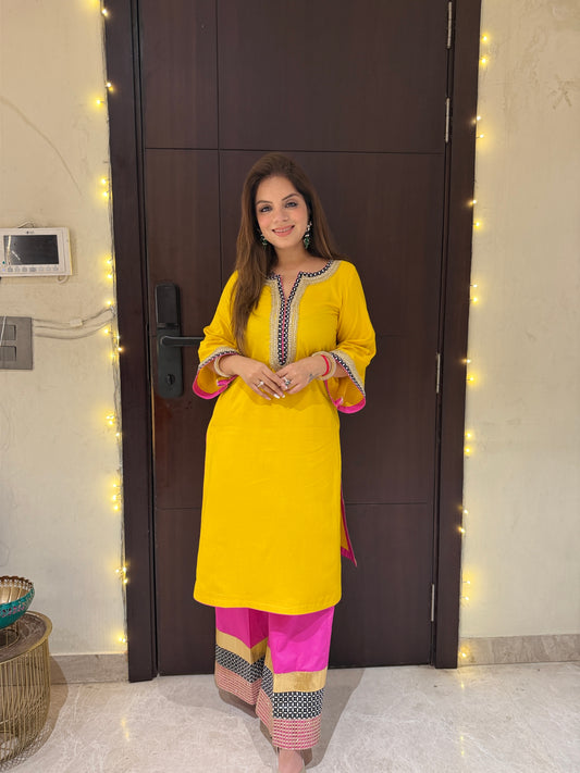 Sunbeam Pop Coord Set - Sunshine Yellow Kurta Set with Contrast Pink Pants & abstract Detailing