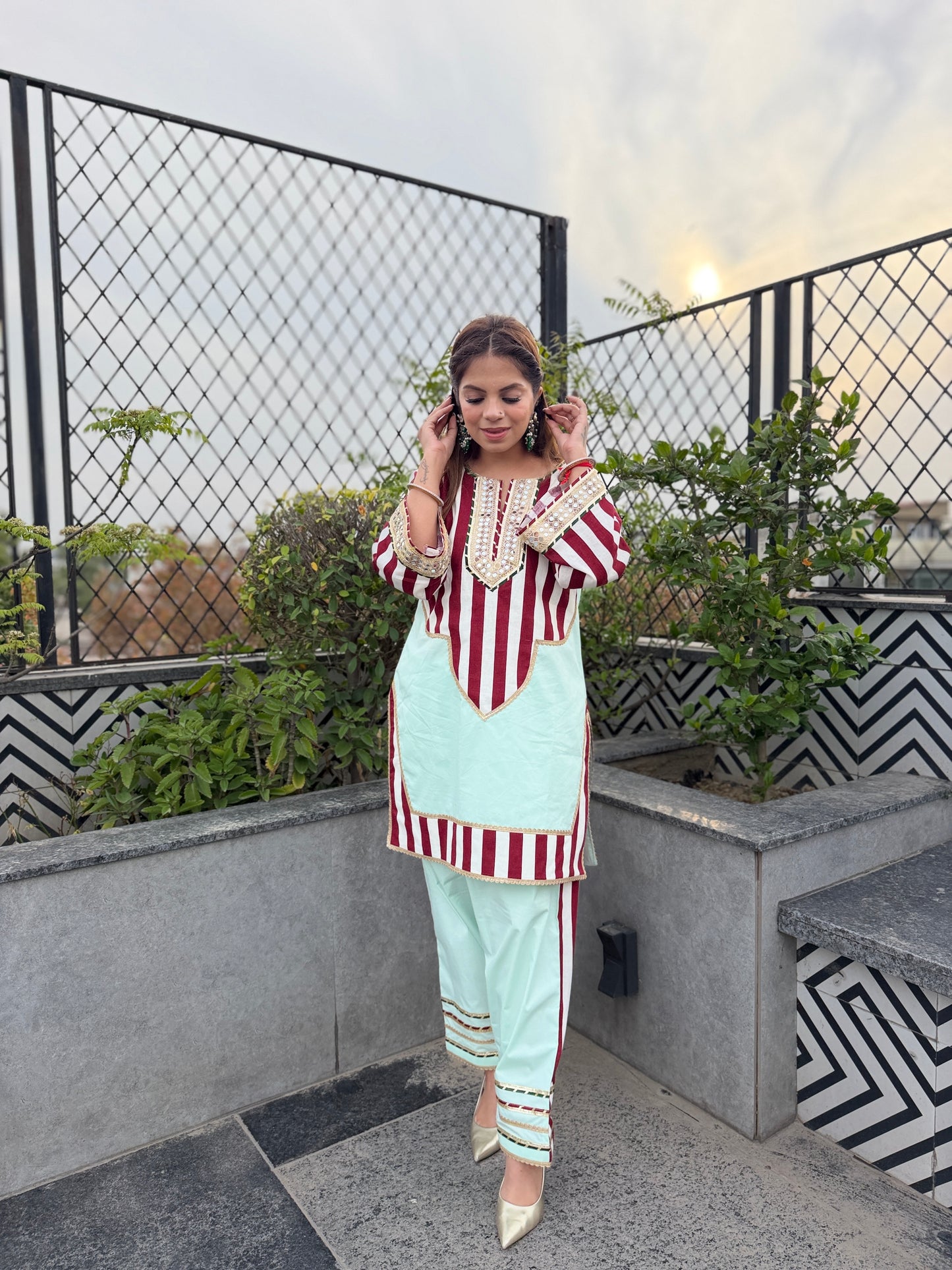 Mint Harmony Coord - Mint & Maroon Stripe Cotton Coord Set with Straight Pants