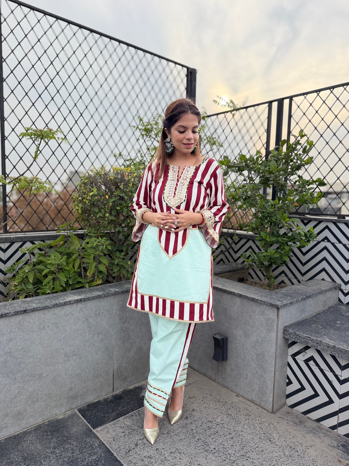 Mint Harmony Coord - Mint & Maroon Stripe Cotton Coord Set with Straight Pants