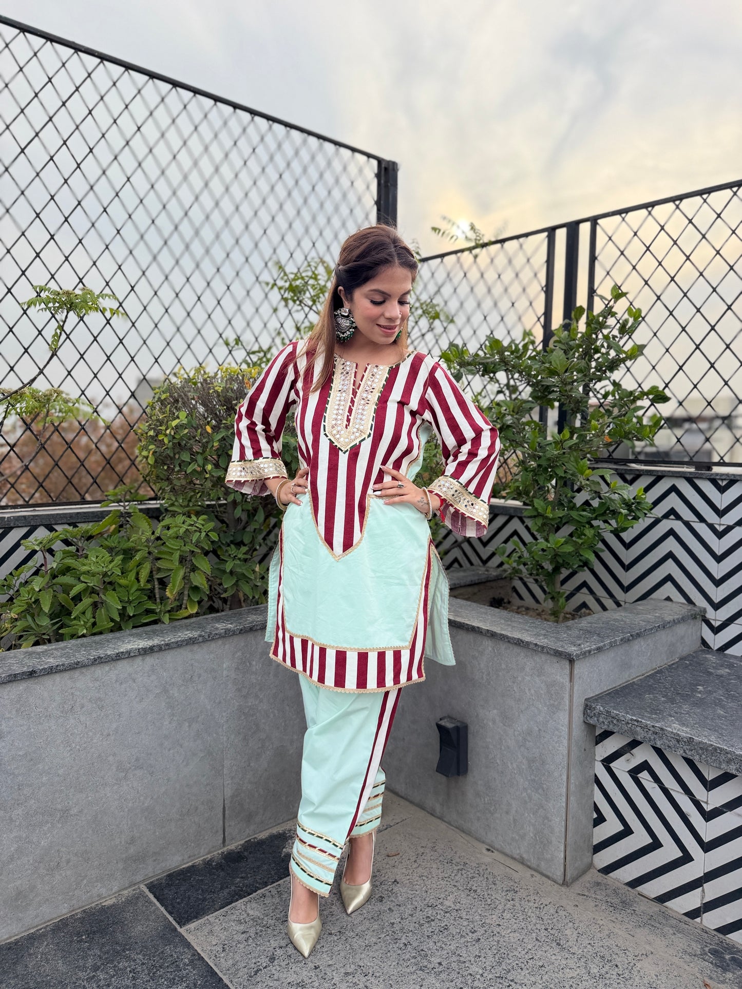 Mint Harmony Coord - Mint & Maroon Stripe Cotton Coord Set with Straight Pants