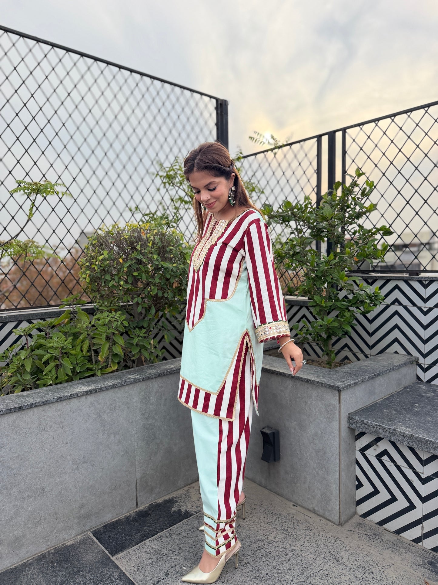 Mint Harmony Coord - Mint & Maroon Stripe Cotton Coord Set with Straight Pants