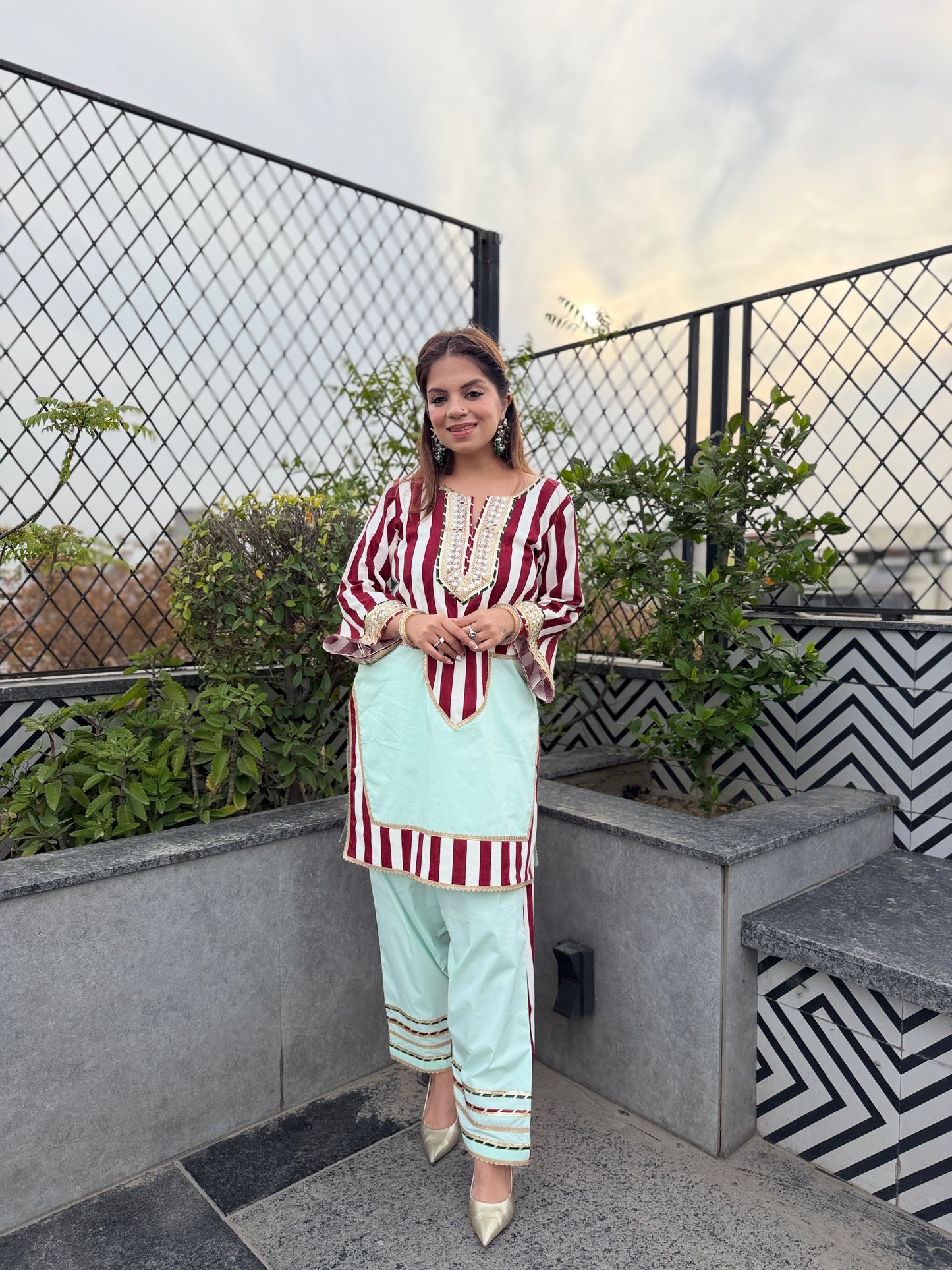 Mint Harmony Coord - Mint & Maroon Stripe Cotton Coord Set with Straight Pants