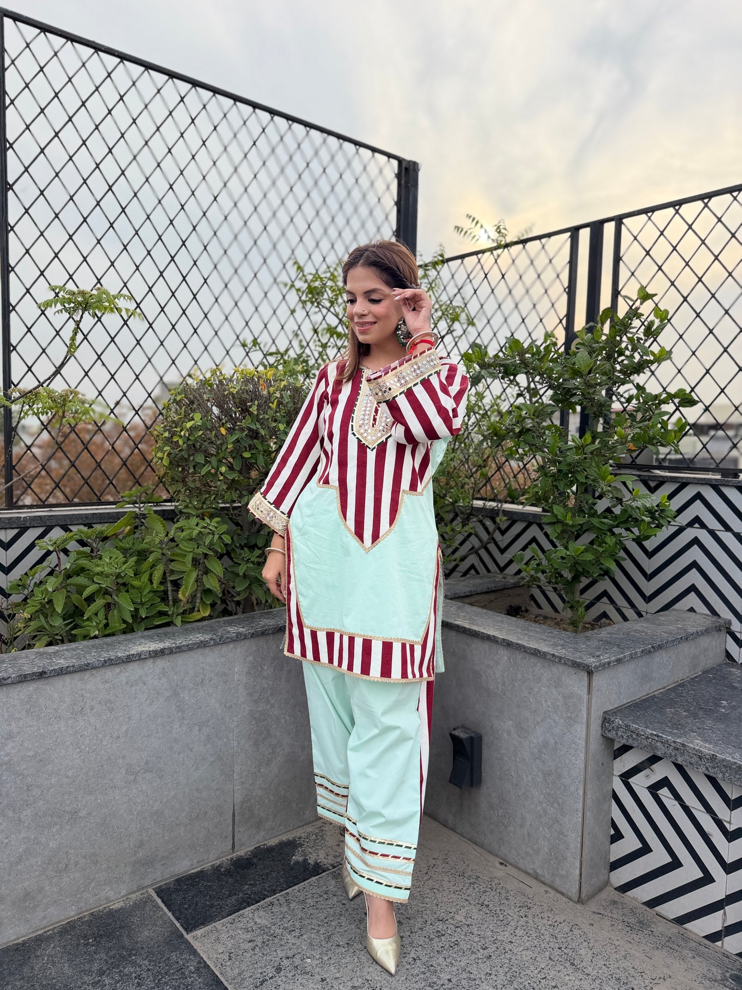 Mint Harmony Coord - Mint & Maroon Stripe Cotton Coord Set with Straight Pants