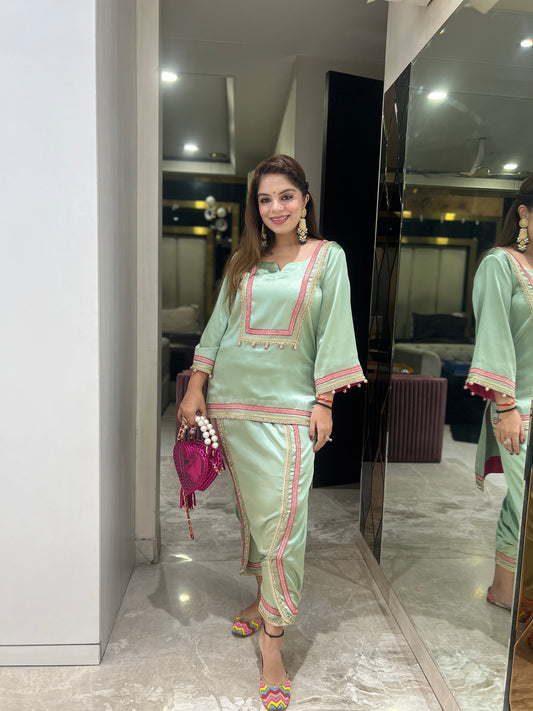 Nayra - Mint Glow Satin Coordinate Set | Handcrafted Elegance with Pink Detailing