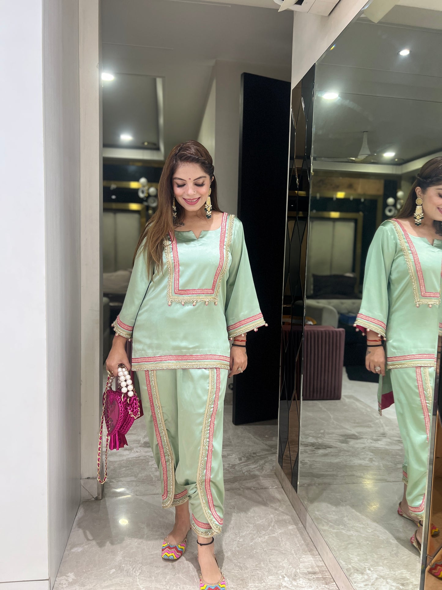 Nayra - Mint Glow Satin Coordinate Set | Handcrafted Elegance with Pink Detailing
