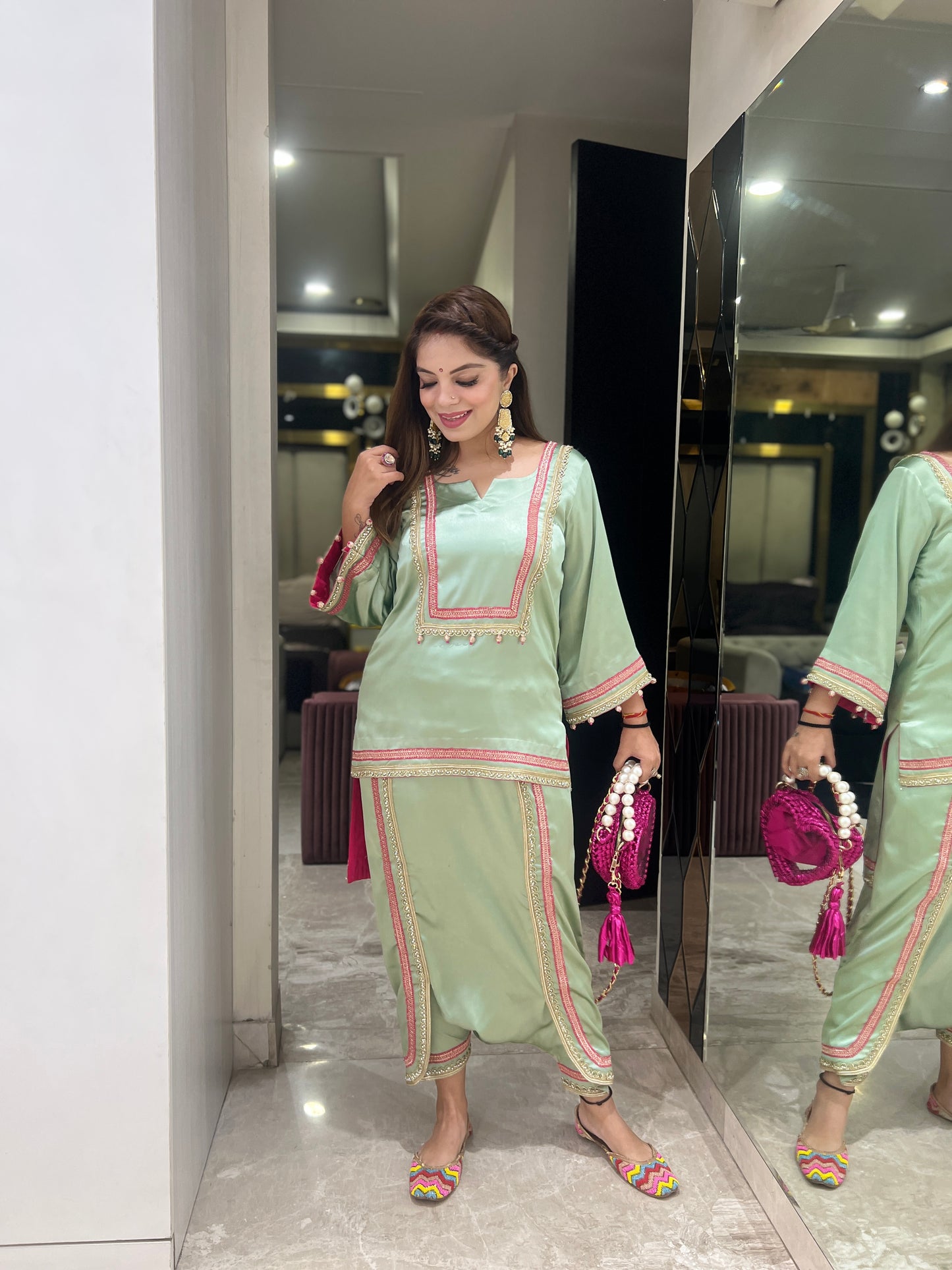 Nayra - Mint Glow Satin Coordinate Set | Handcrafted Elegance with Pink Detailing