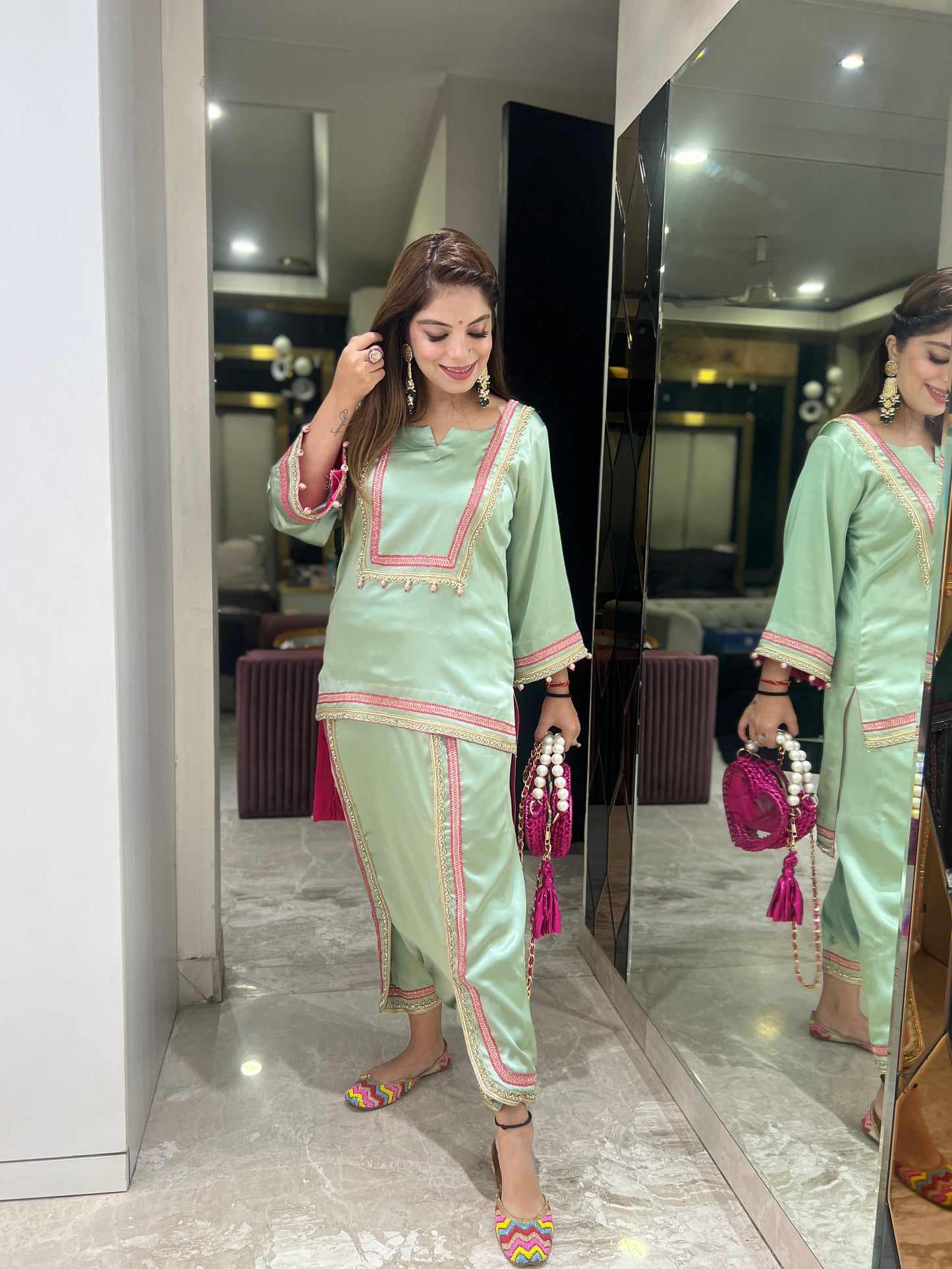 Nayra - Mint Glow Satin Coordinate Set | Handcrafted Elegance with Pink Detailing