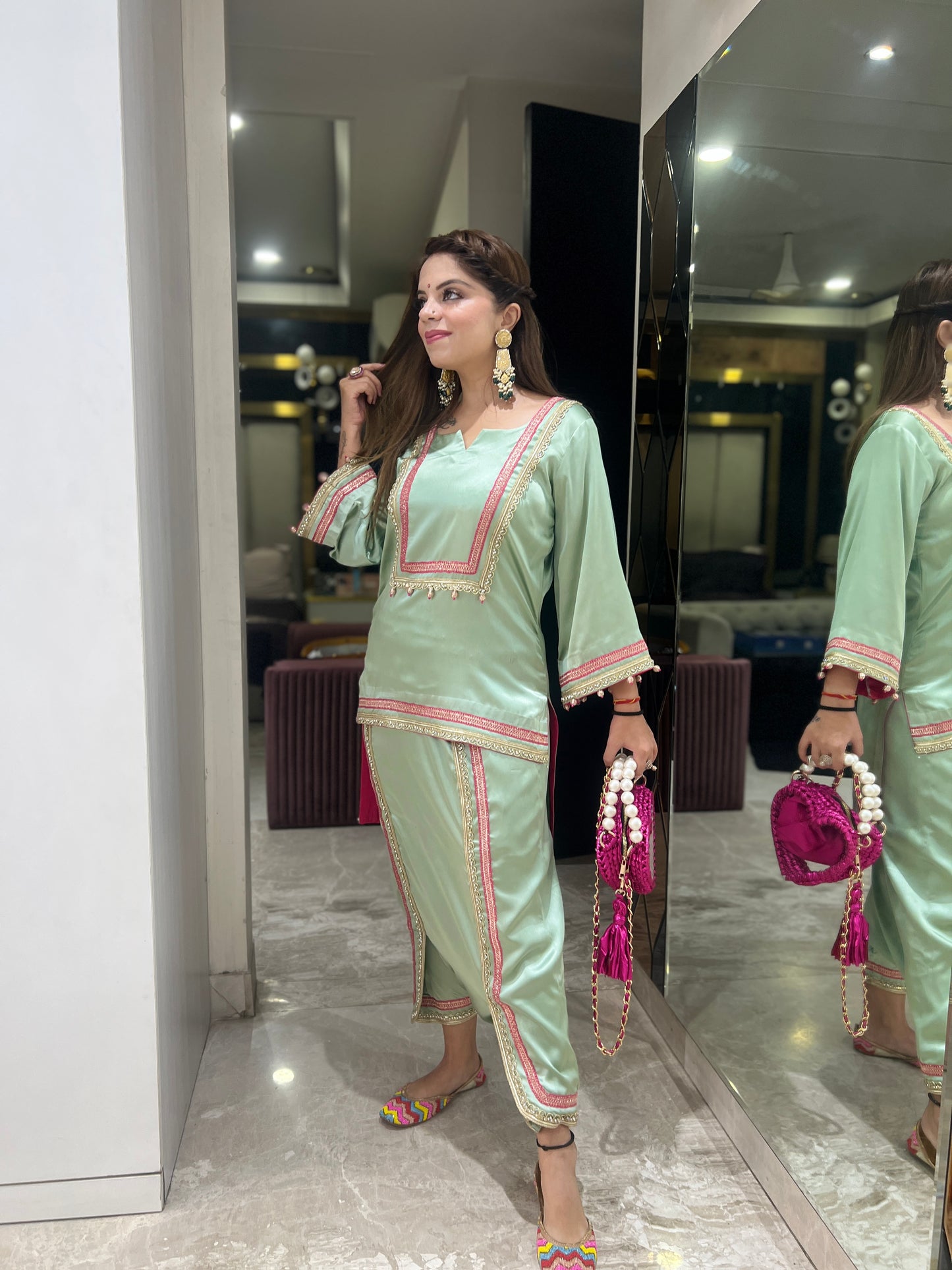 Nayra - Mint Glow Satin Coordinate Set | Handcrafted Elegance with Pink Detailing