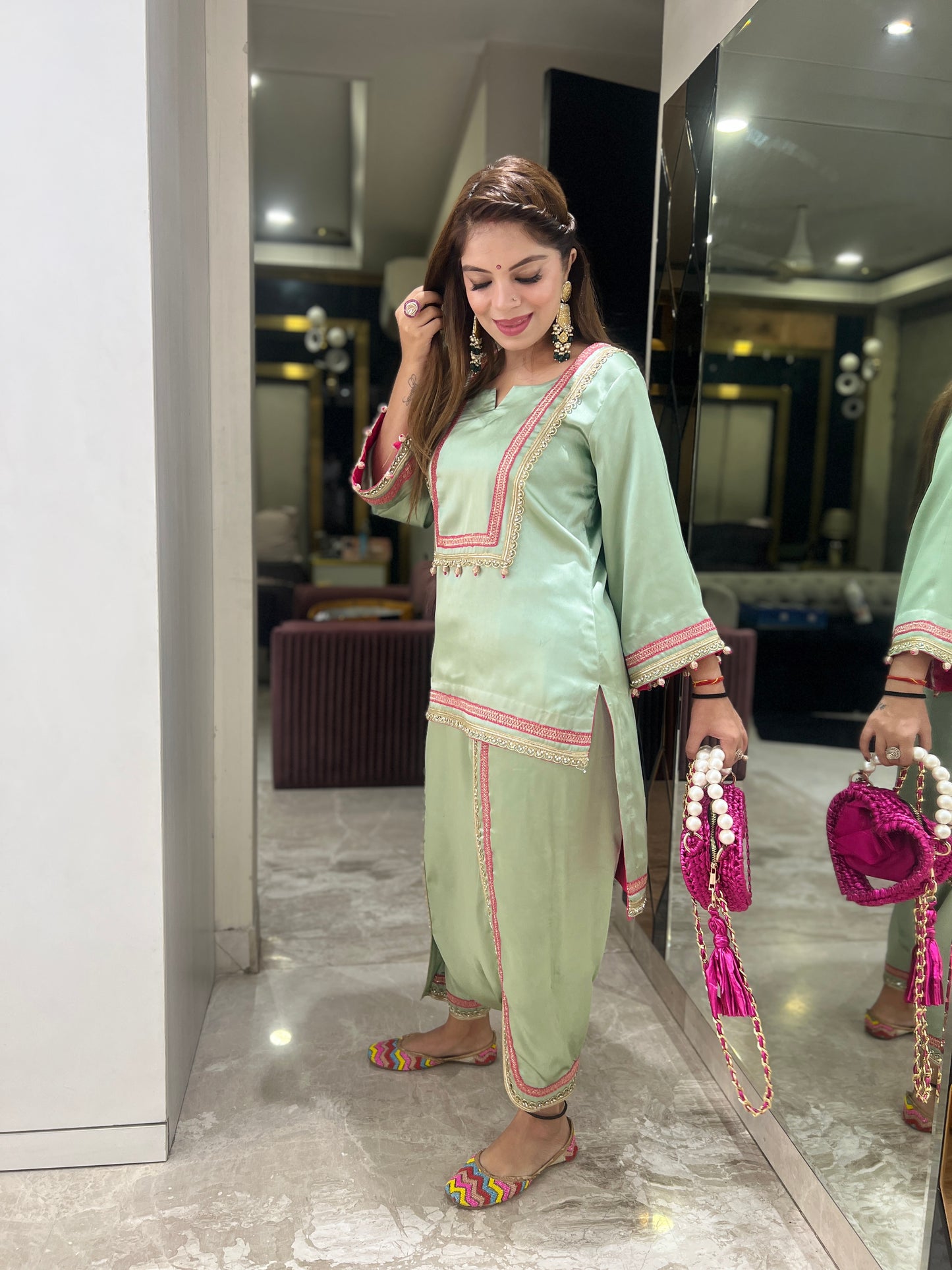 Nayra - Mint Glow Satin Coordinate Set | Handcrafted Elegance with Pink Detailing