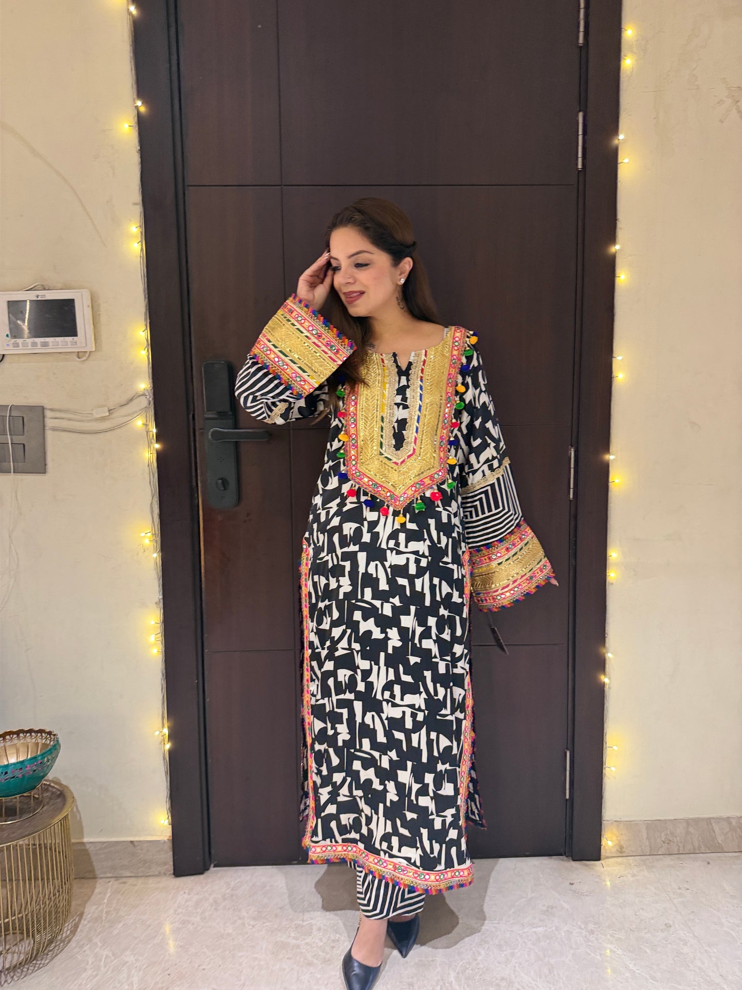 Noor Rang -  Black & Ivory Embroidered Kurta Set for Women | Designer Printed Kurta with Straight Pants | Festive & Party Wear