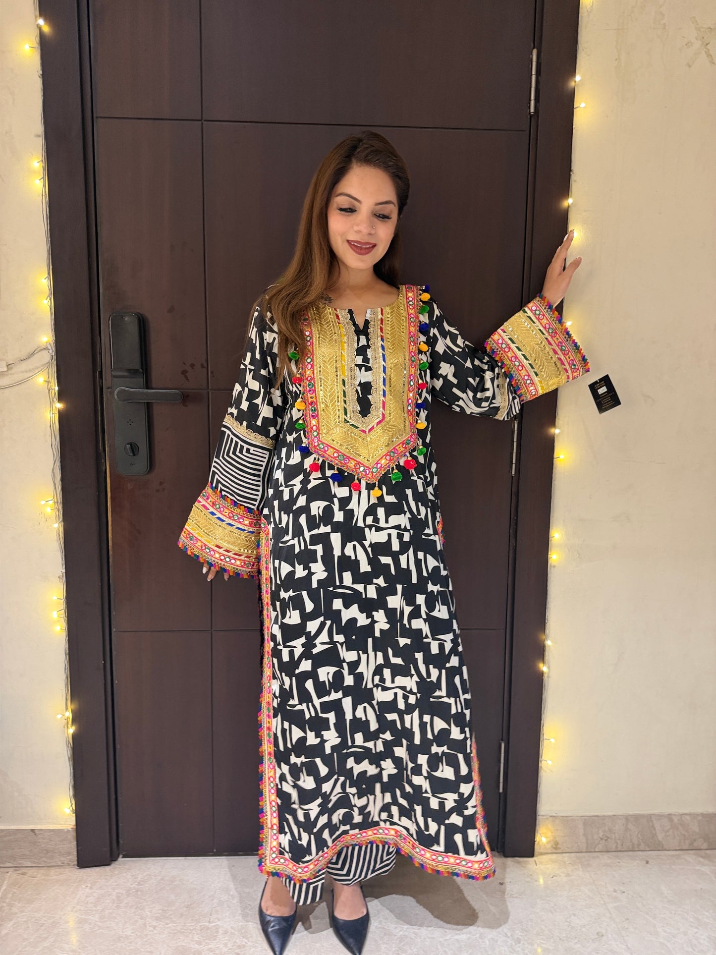 Noor Rang -  Black & Ivory Embroidered Kurta Set for Women | Designer Printed Kurta with Straight Pants | Festive & Party Wear