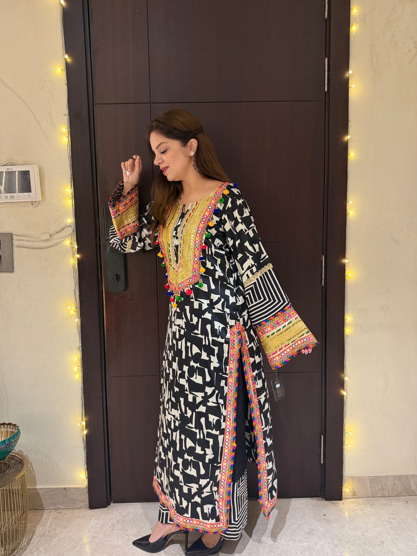 Noor Rang -  Black & Ivory Embroidered Kurta Set for Women | Designer Printed Kurta with Straight Pants | Festive & Party Wear