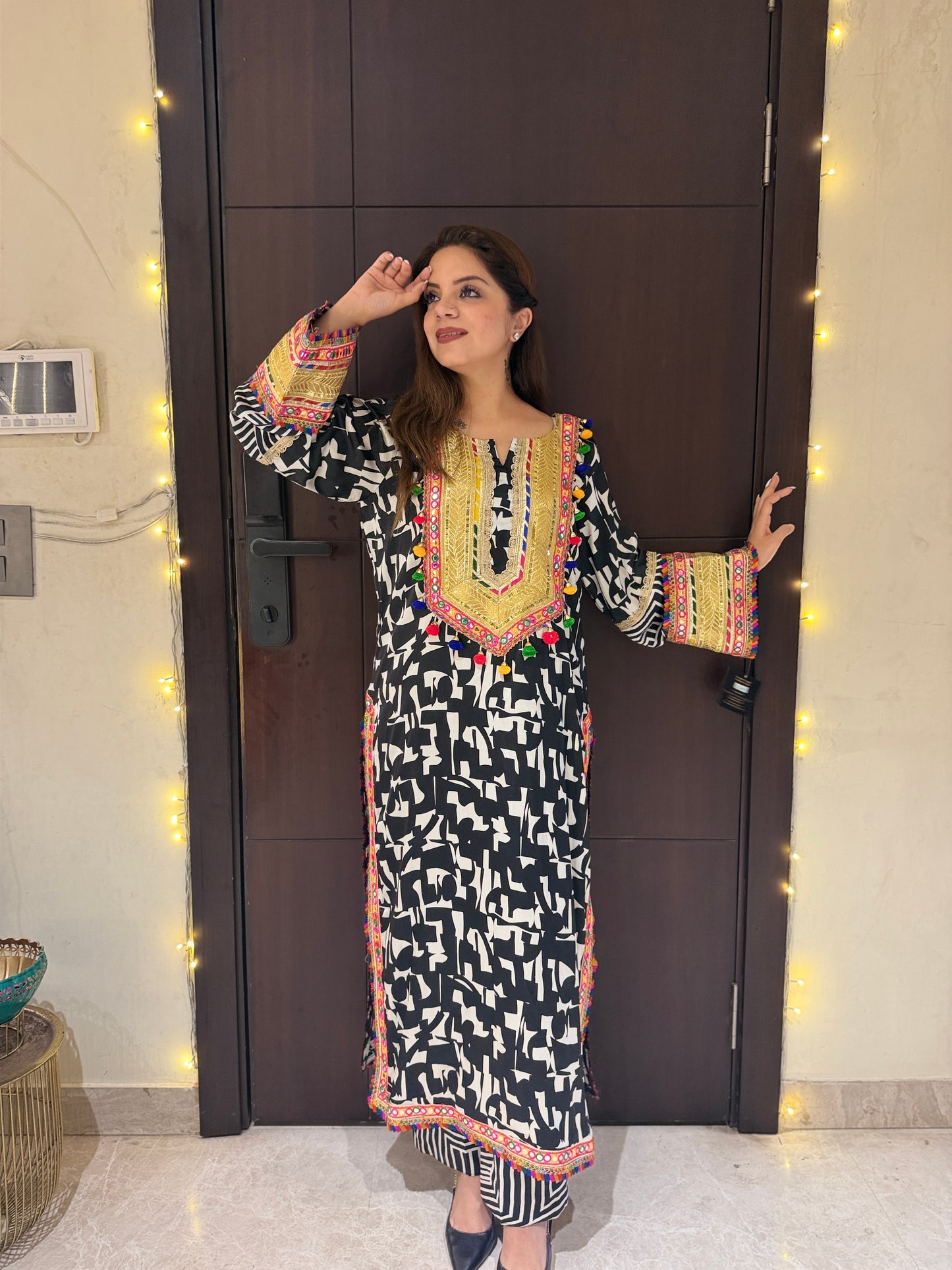 Noor Rang -  Black & Ivory Embroidered Kurta Set for Women | Designer Printed Kurta with Straight Pants | Festive & Party Wear