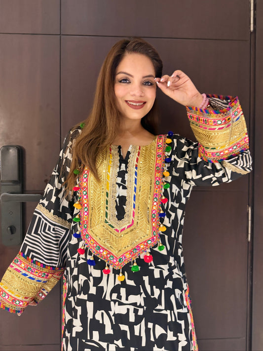 Noor Rang -  Black & Ivory Embroidered Kurta Set for Women | Designer Printed Kurta with Straight Pants | Festive & Party Wear