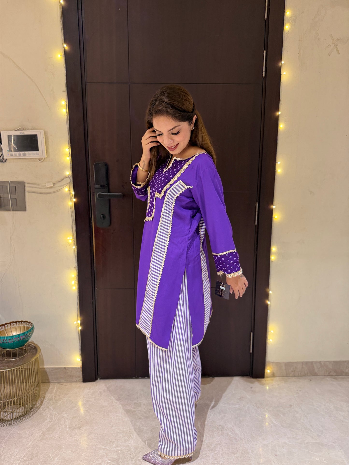 Royal Amethyst Coord Set - Purple Cotton Kurta Set with Stripe Detailing & bandhani Neckline