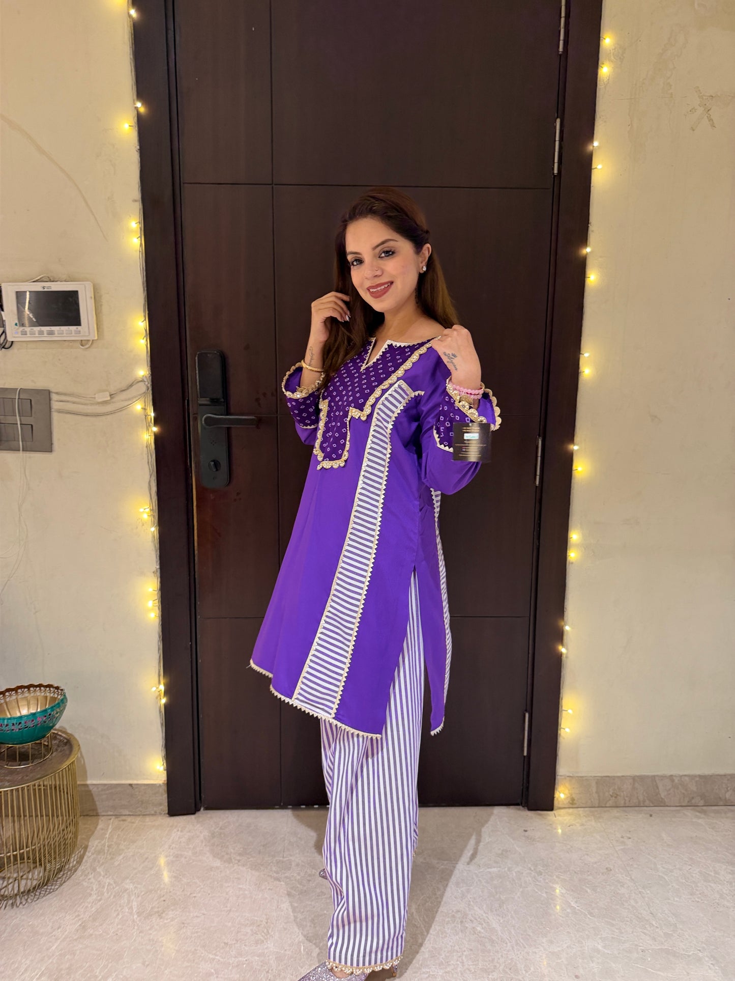 Royal Amethyst Coord Set - Purple Cotton Kurta Set with Stripe Detailing & bandhani Neckline