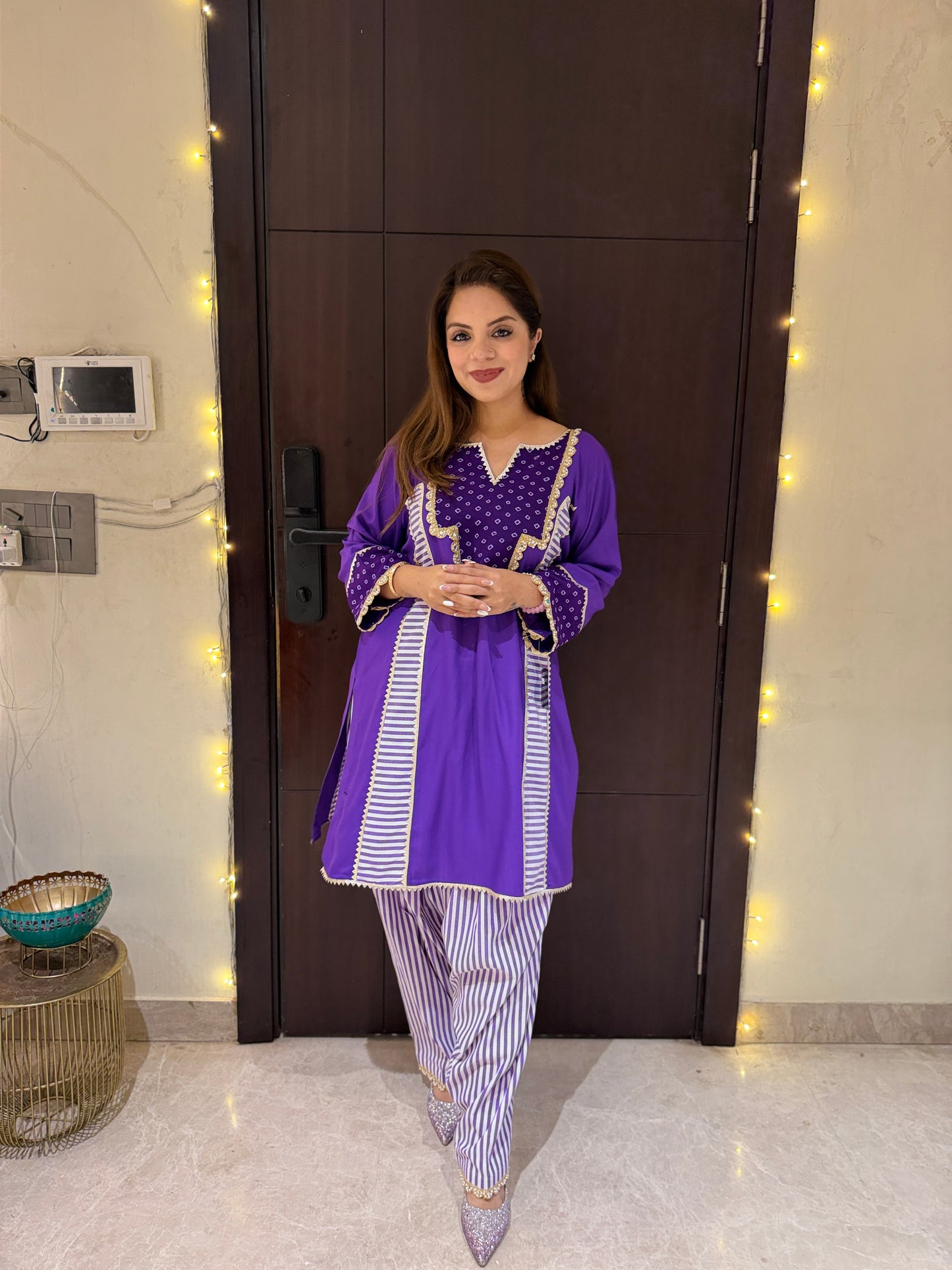 Royal Amethyst Coord Set - Purple Cotton Kurta Set with Stripe Detailing & bandhani Neckline