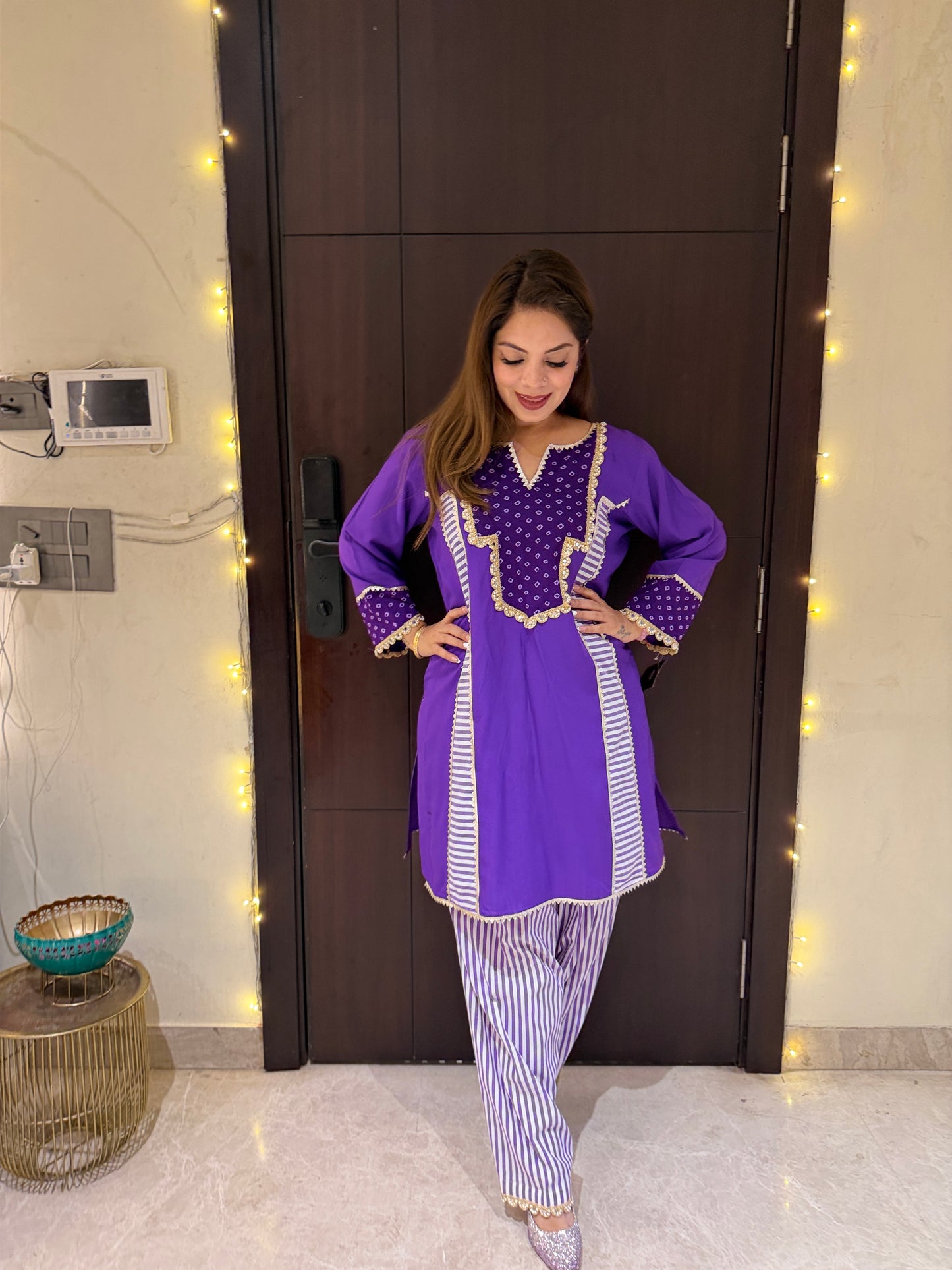 Royal Amethyst Coord Set - Purple Cotton Kurta Set with Stripe Detailing & bandhani Neckline